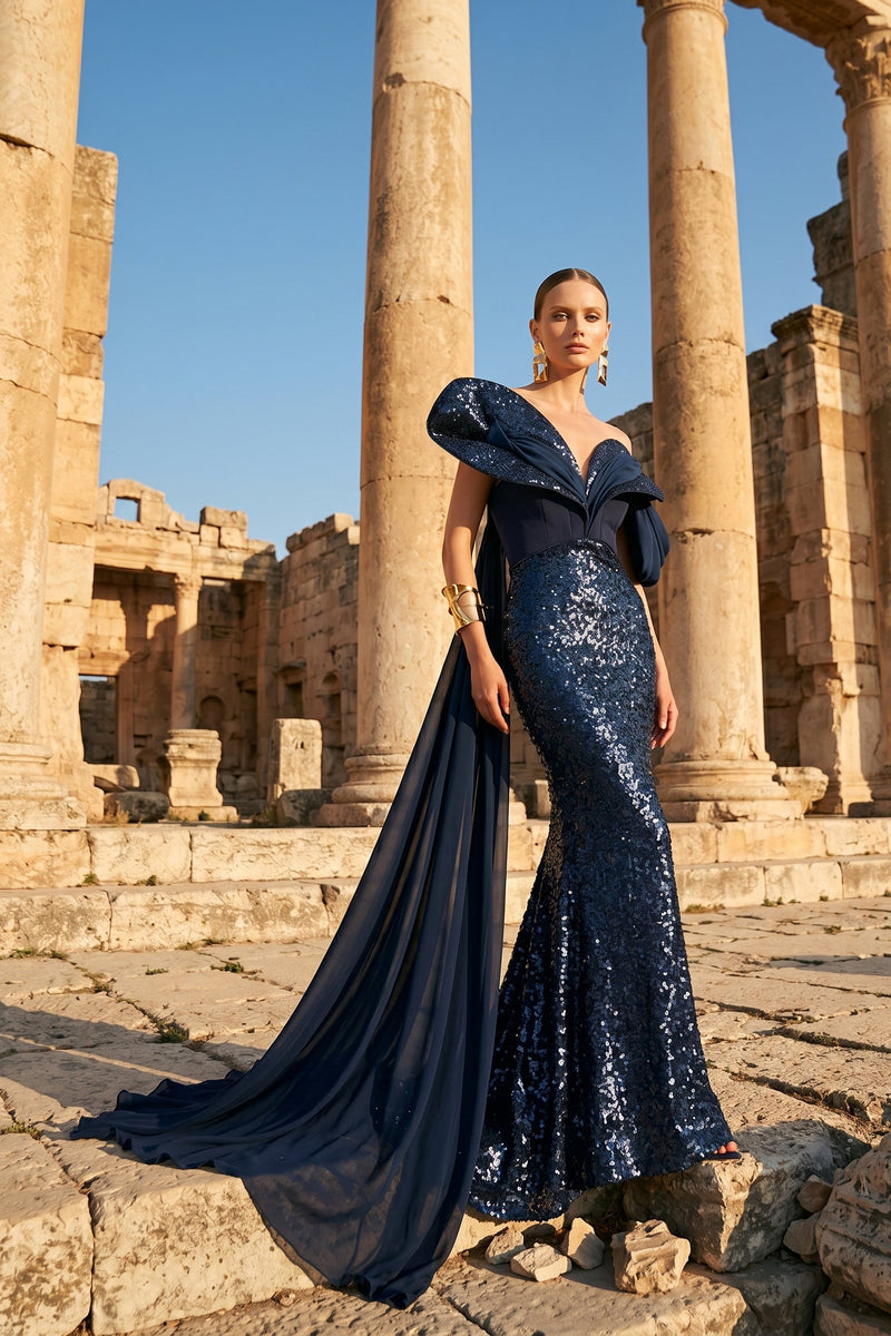 Fouad Sarkis F02949 Salmon Sequin Chiffon Crepe Gown