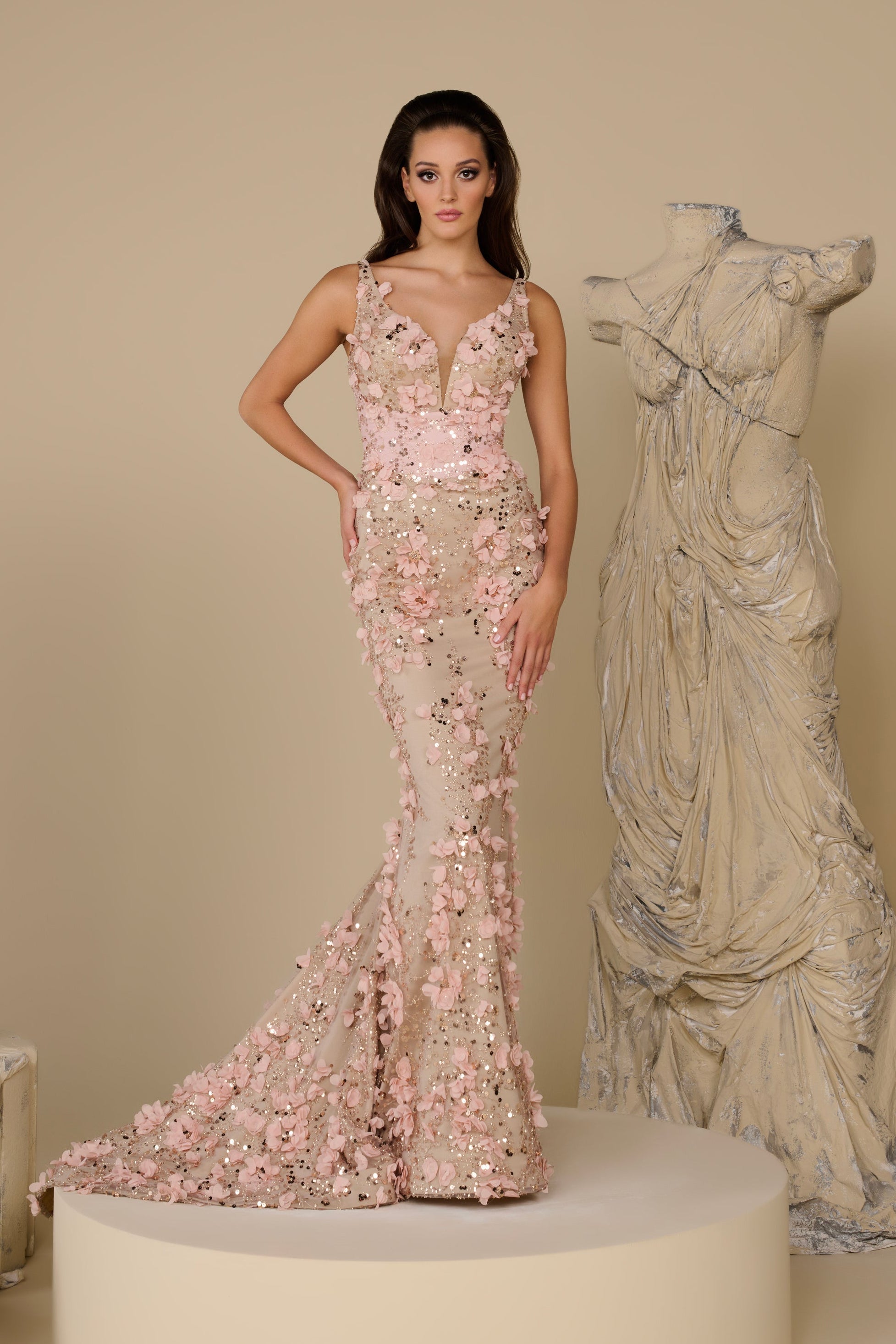 Fouad Sarkis F02950 Floral Appliqué Sequin Gown