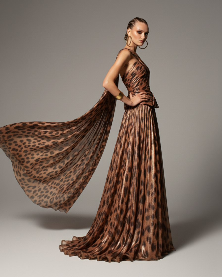 Fouad Sarkis F02953 Off-Shoulder Animal Print Corset Evening Gown
