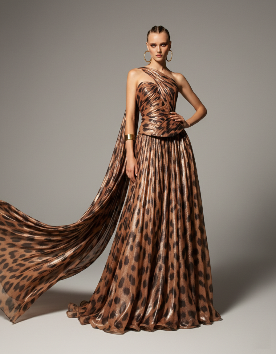 Fouad Sarkis F02953 Off-Shoulder Animal Print Corset Evening Gown