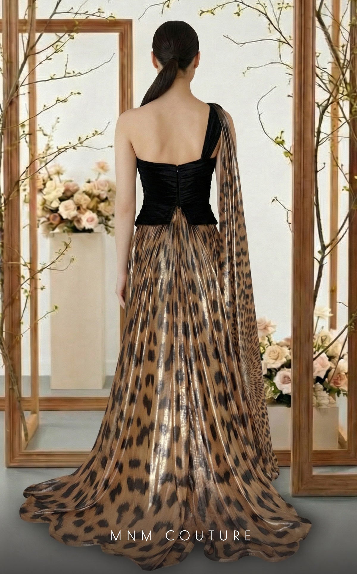 Fouad Sarkis F02953A Velvet & Metallic Chiffon One-Shoulder Gown with Animal Print