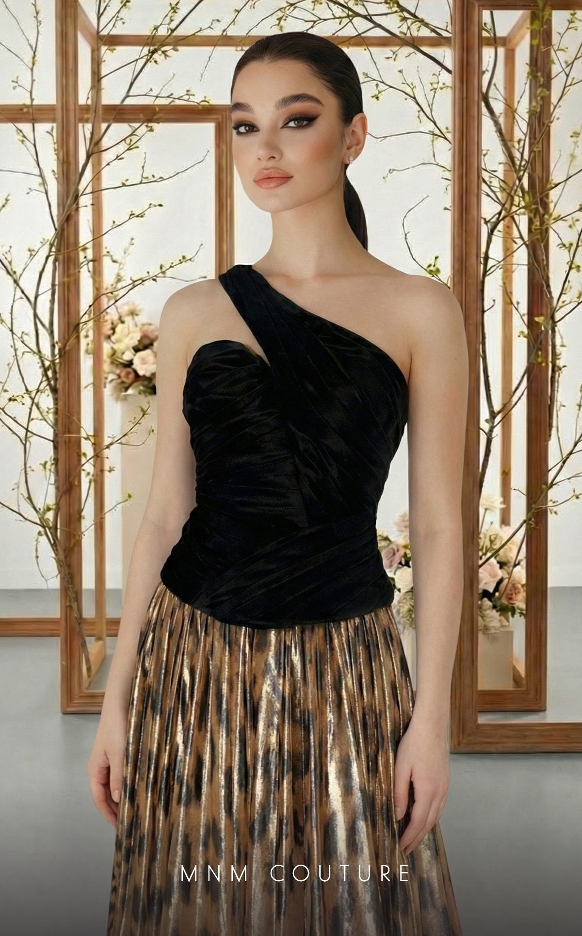 Fouad Sarkis F02953A Velvet & Metallic Chiffon One-Shoulder Gown with Animal Print