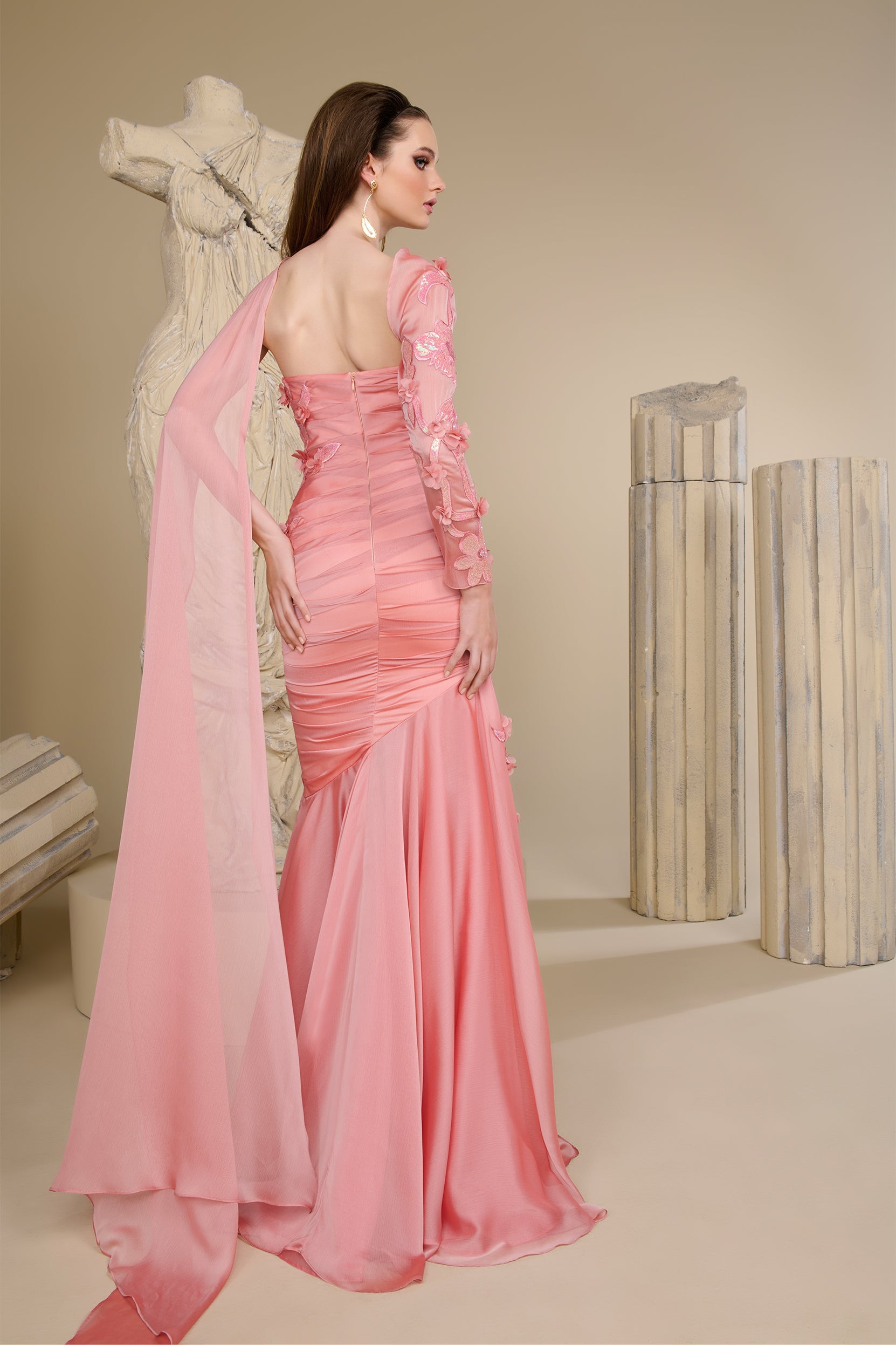 Fouad Sarkis F02955 Blush Pink Asymmetric Neckline Gown