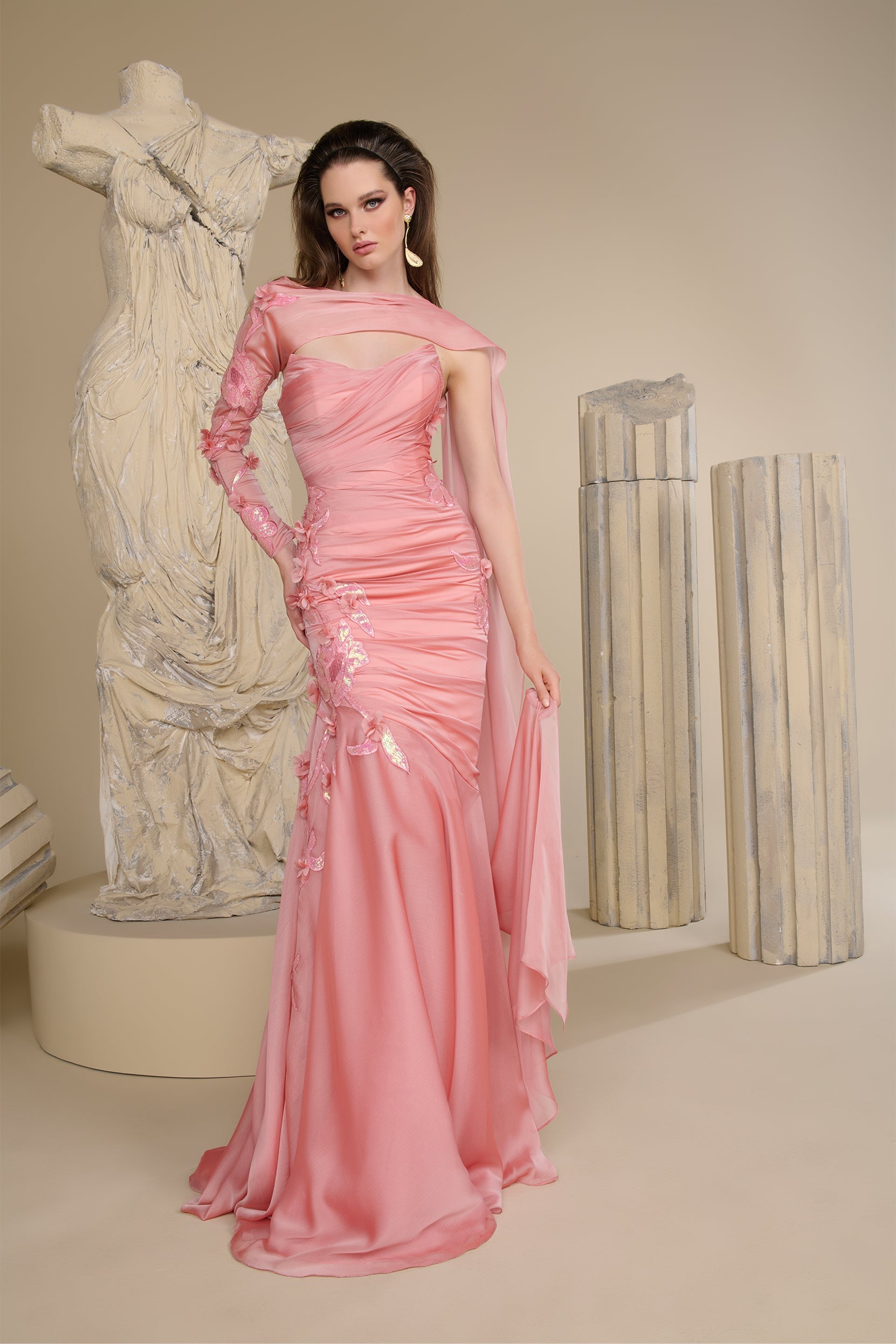 Fouad Sarkis F02955 Blush Pink Asymmetric Neckline Gown