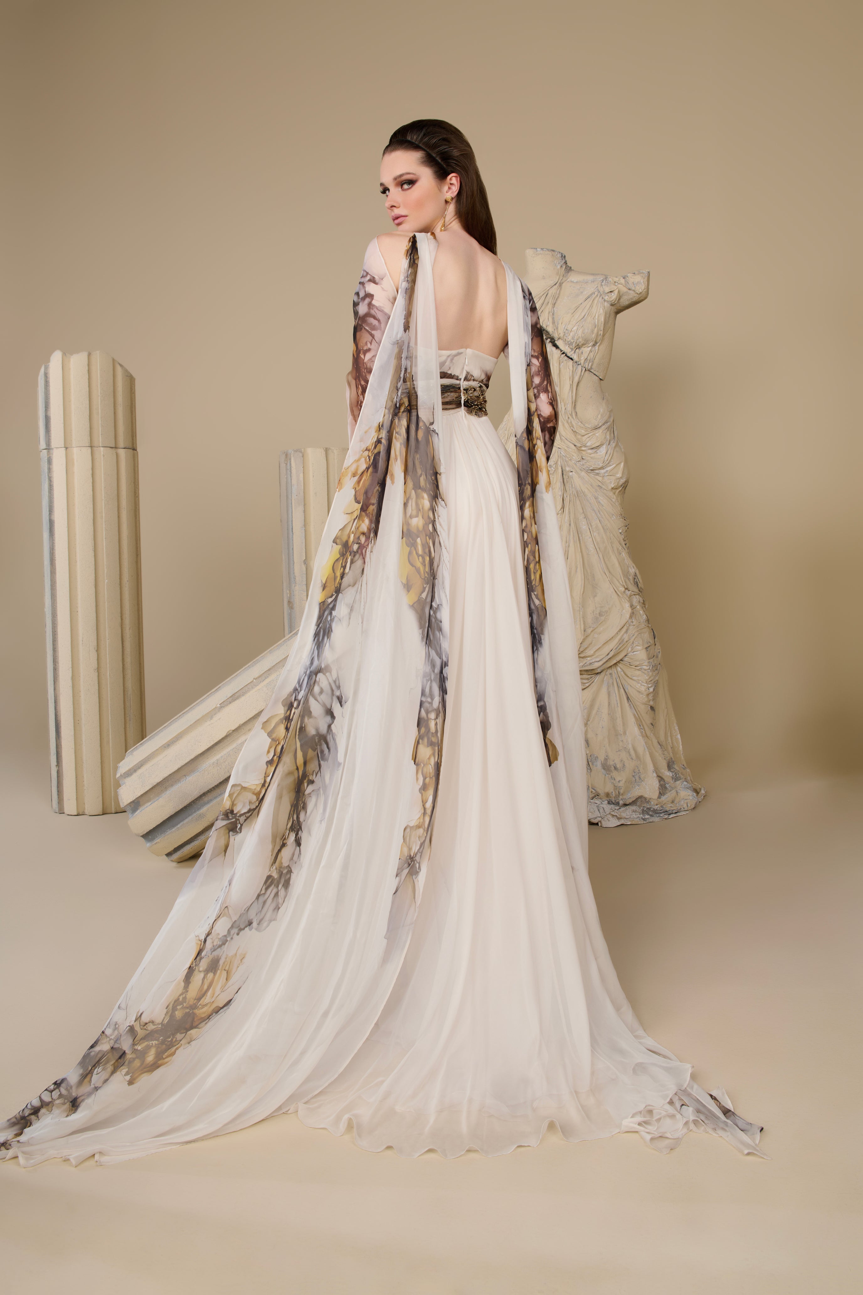 Fouad Sarkis F02956 Printed Chiffon Cape Sleeve Gown