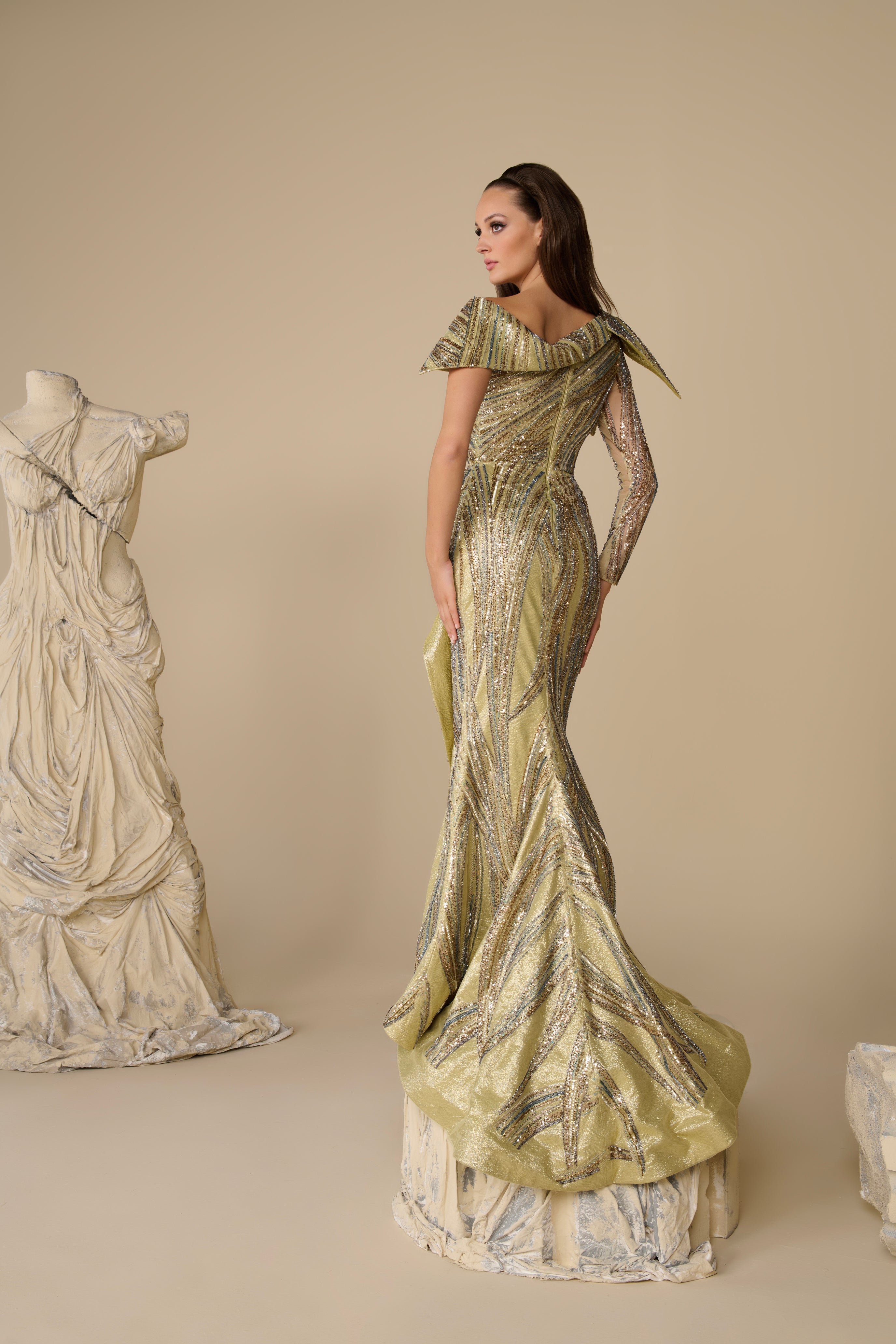Fouad Sarkis F02960 Gold Green Sequin Asymmetric Gown