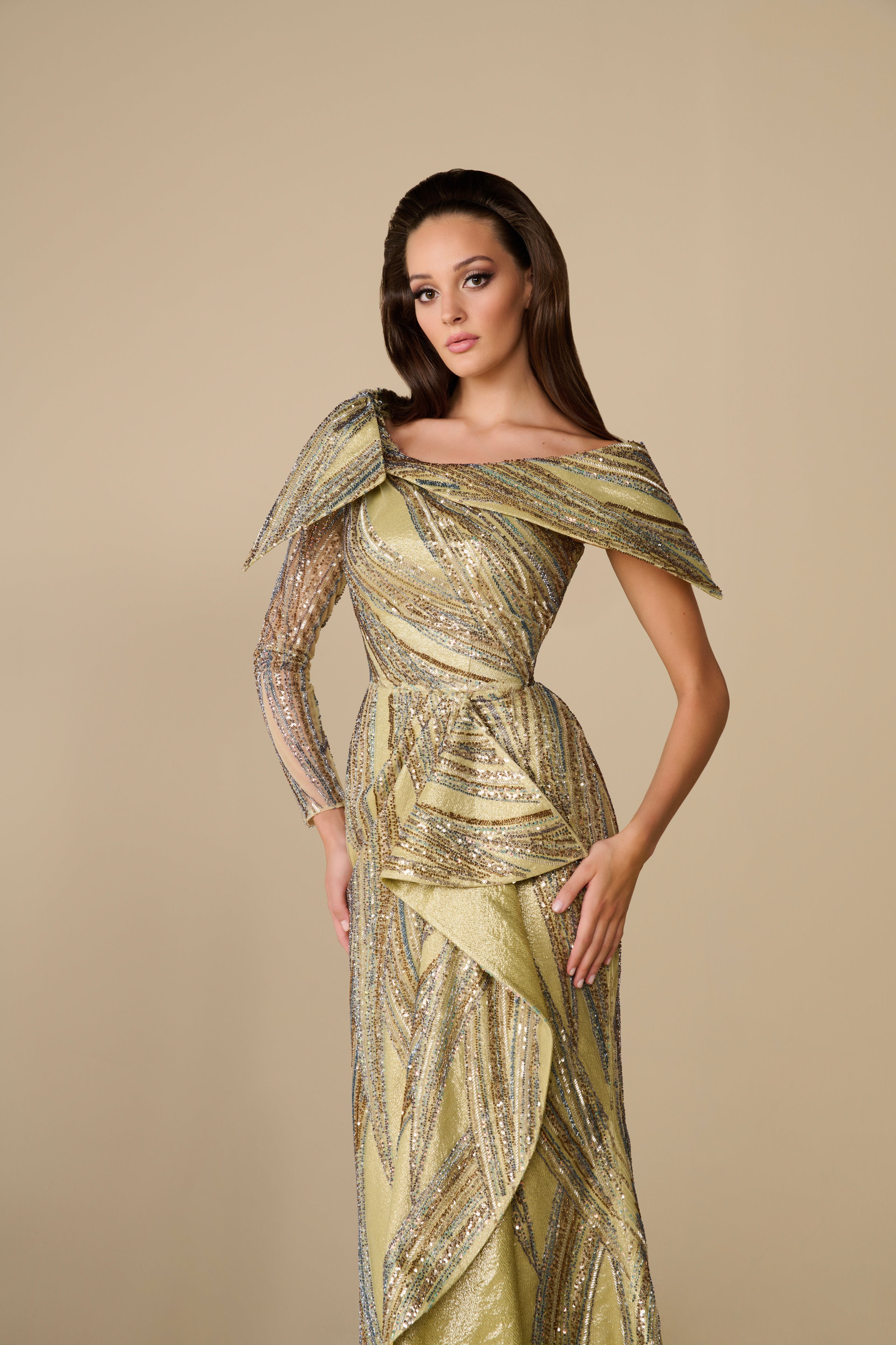 Fouad Sarkis F02960 Gold Green Sequin Asymmetric Gown