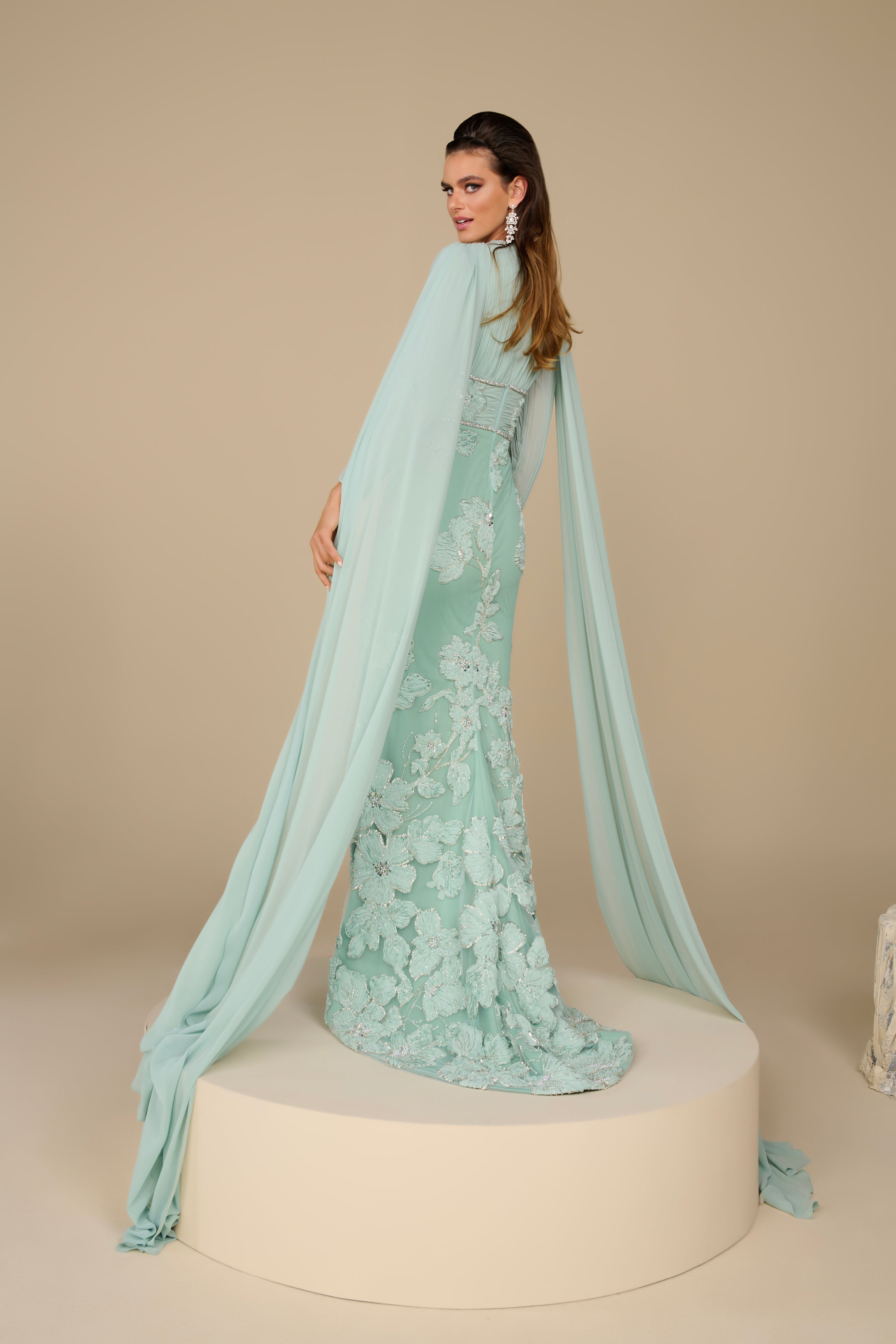 Fouad Sarkis F02962 Mint Floral Embroidered Cape Gown