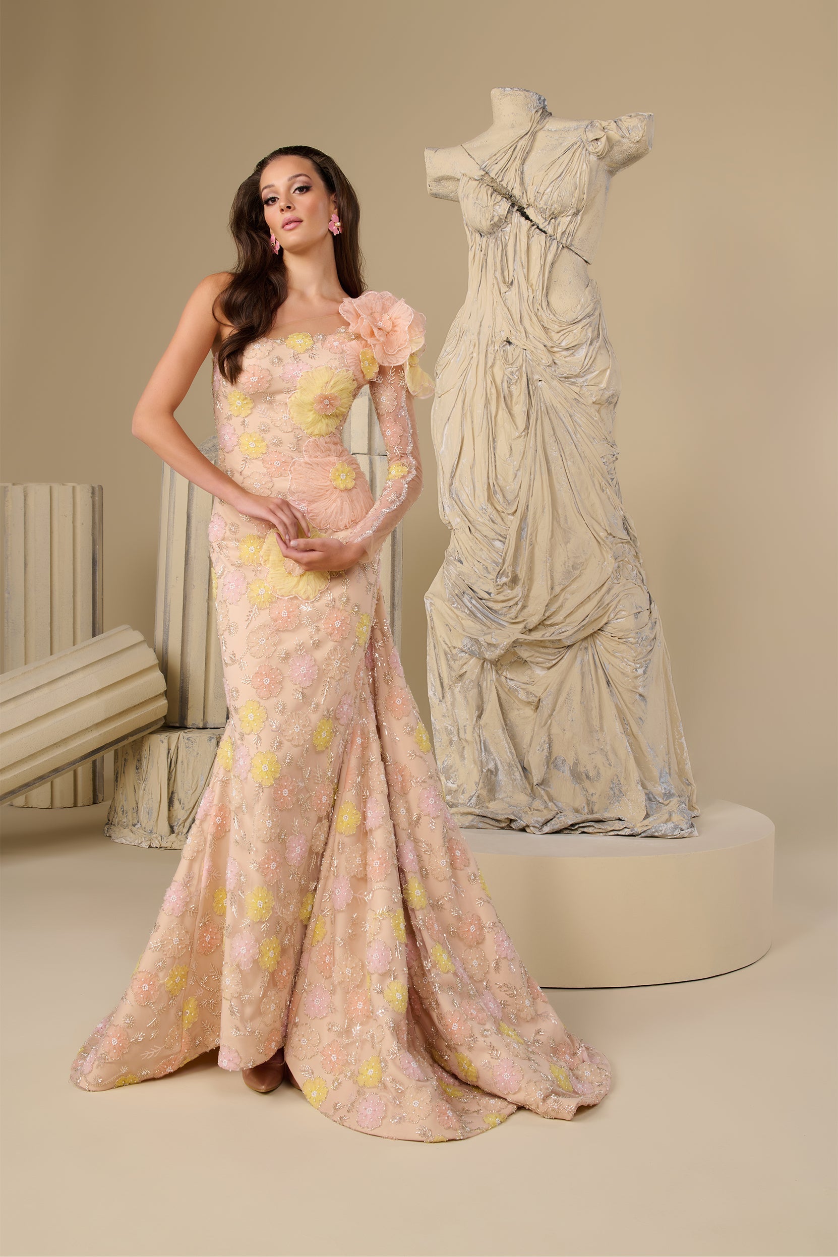 Fouad Sarkis F02966 Pink Blush One-Shoulder Floral Appliqué Tulle Gown with Crystal Beading