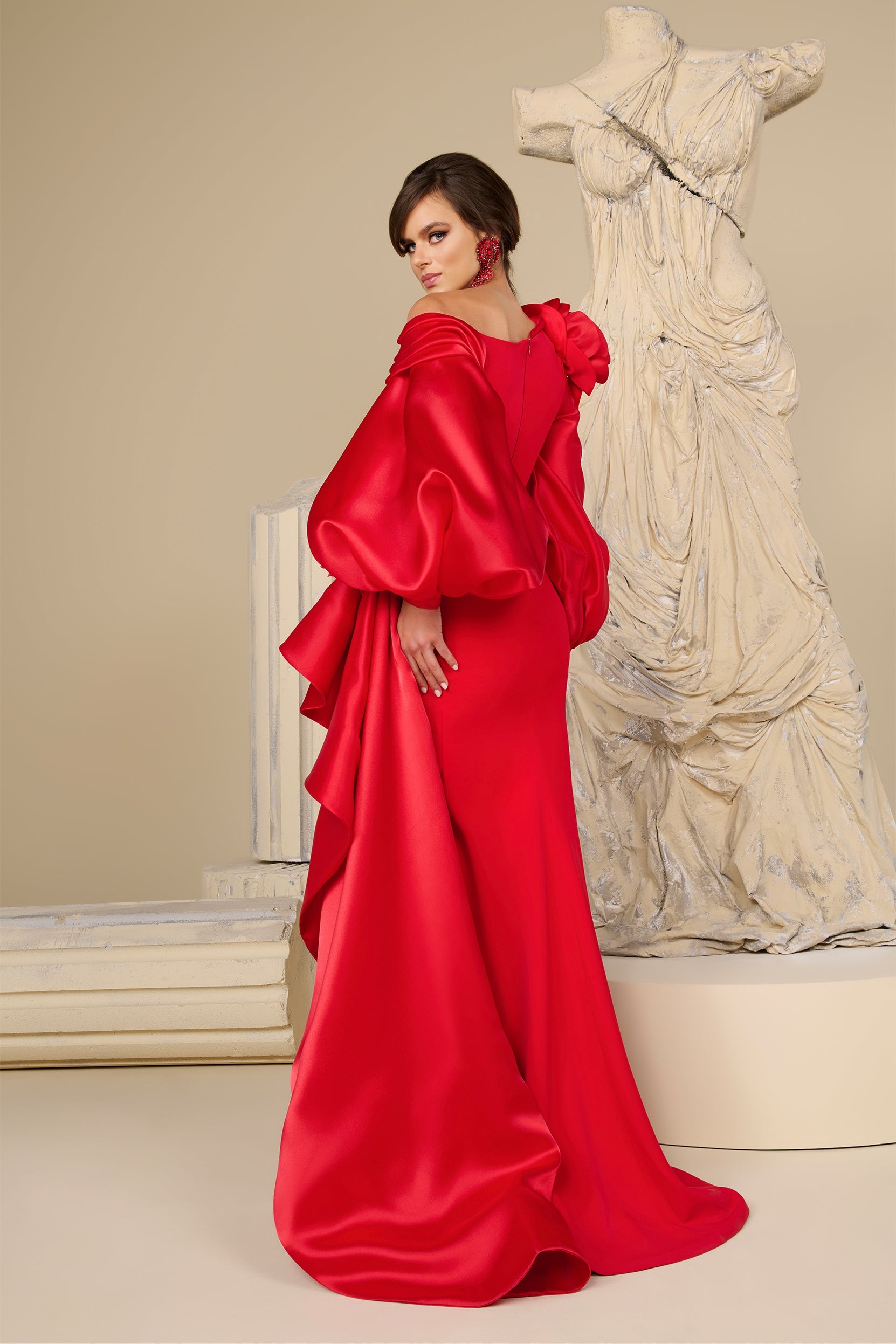 Fouad Sarkis F02967 Red Satin Puff Sleeve Gown