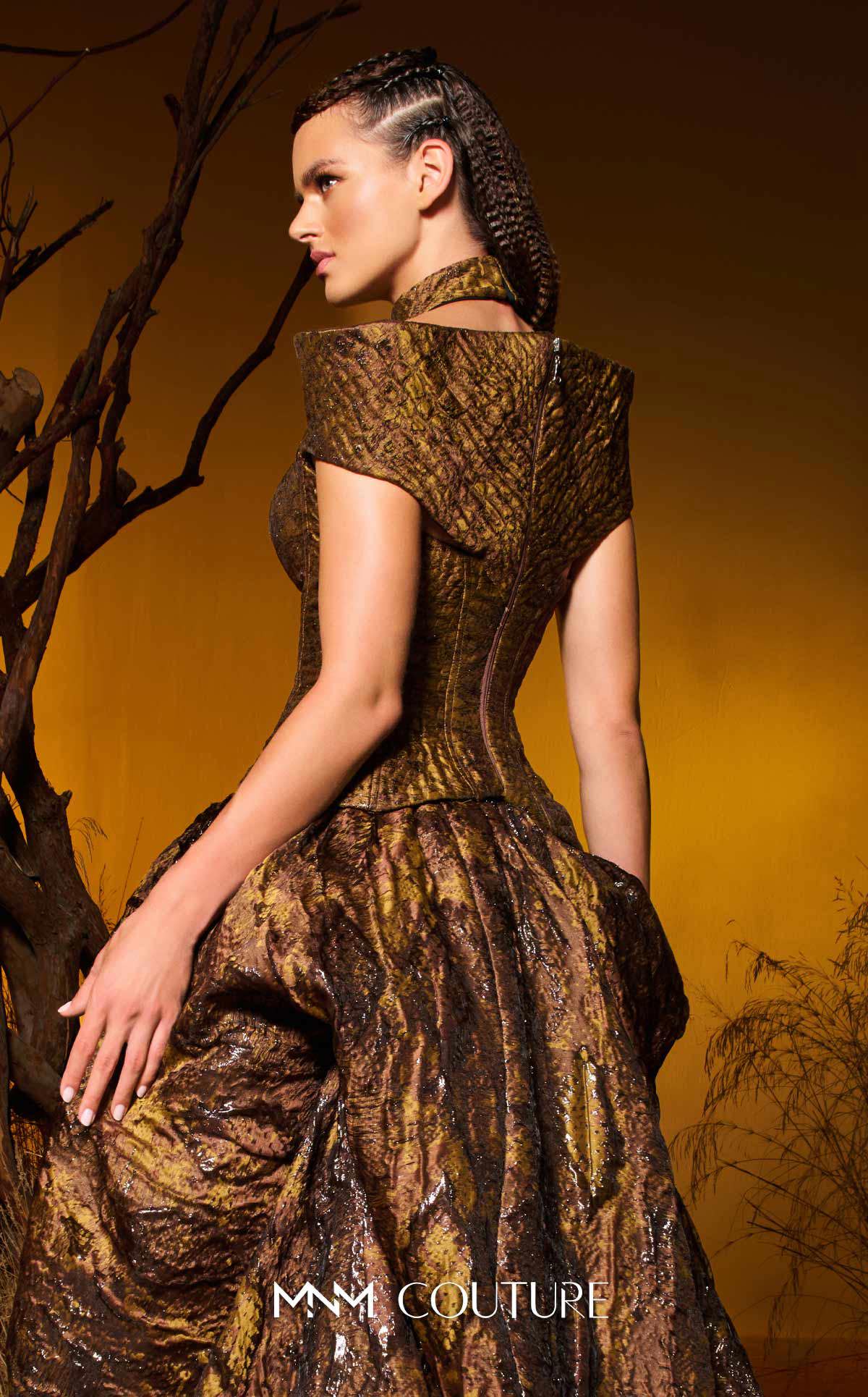 Fouad Sarkis F02971 Brown Bronze Gold Metallic Jacquard Ball Gown with Corseted Bodice & Choker Neckline