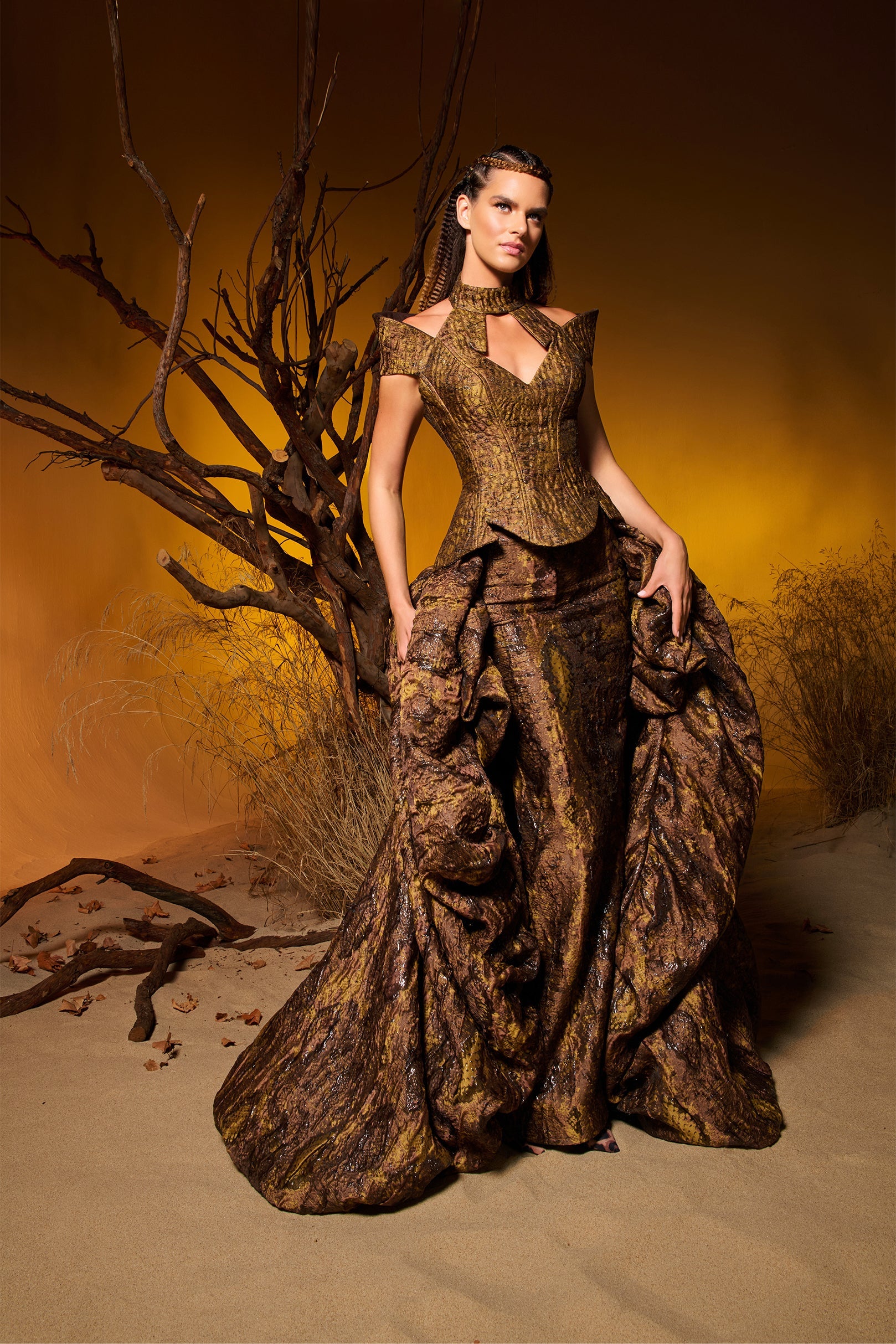 Fouad Sarkis F02971 Brown Bronze Gold Metallic Jacquard Ball Gown with Corseted Bodice & Choker Neckline