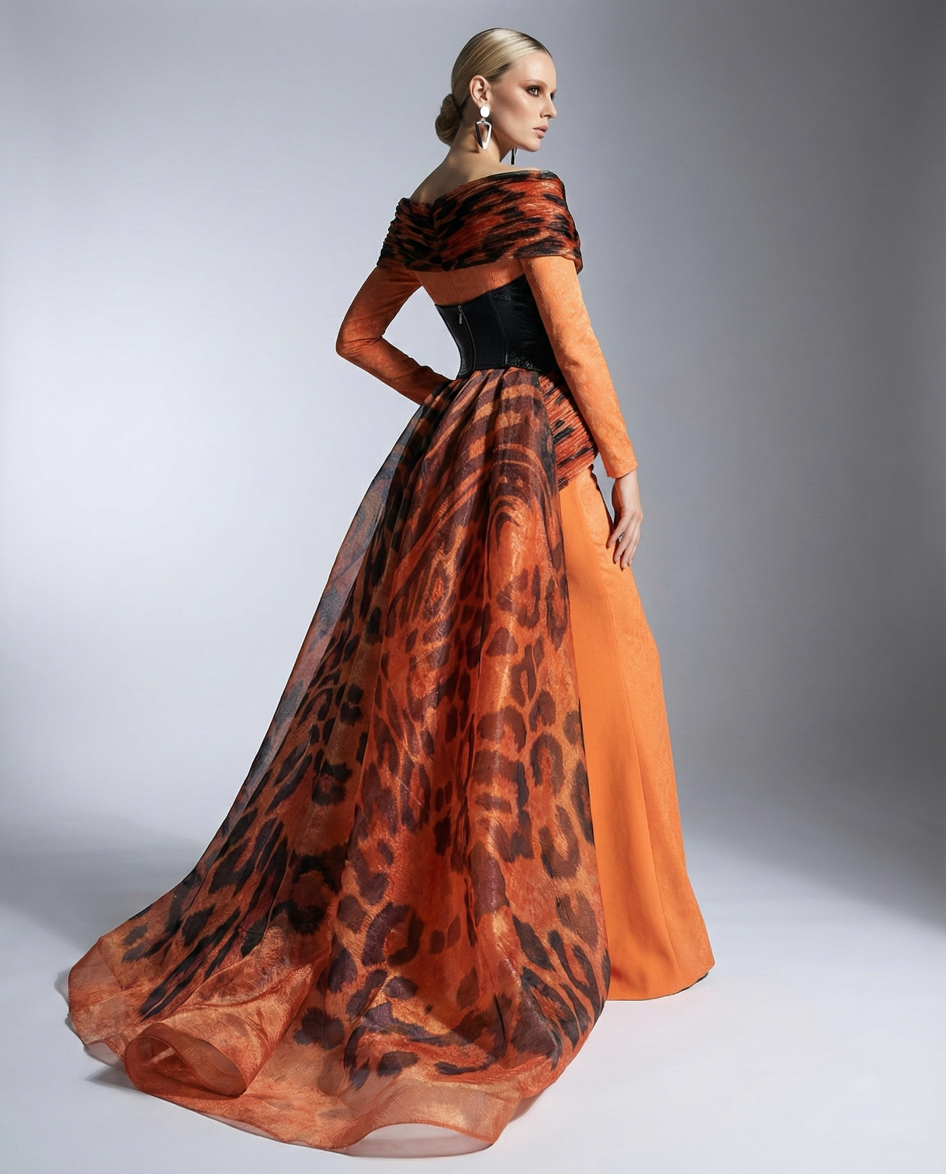 animal print corset dress Fouad Sarkis F02972 Orange Gown NEW ON SALE providing a modern touch Azari Beige Multi Stripe Floral Rental Duration:4 days