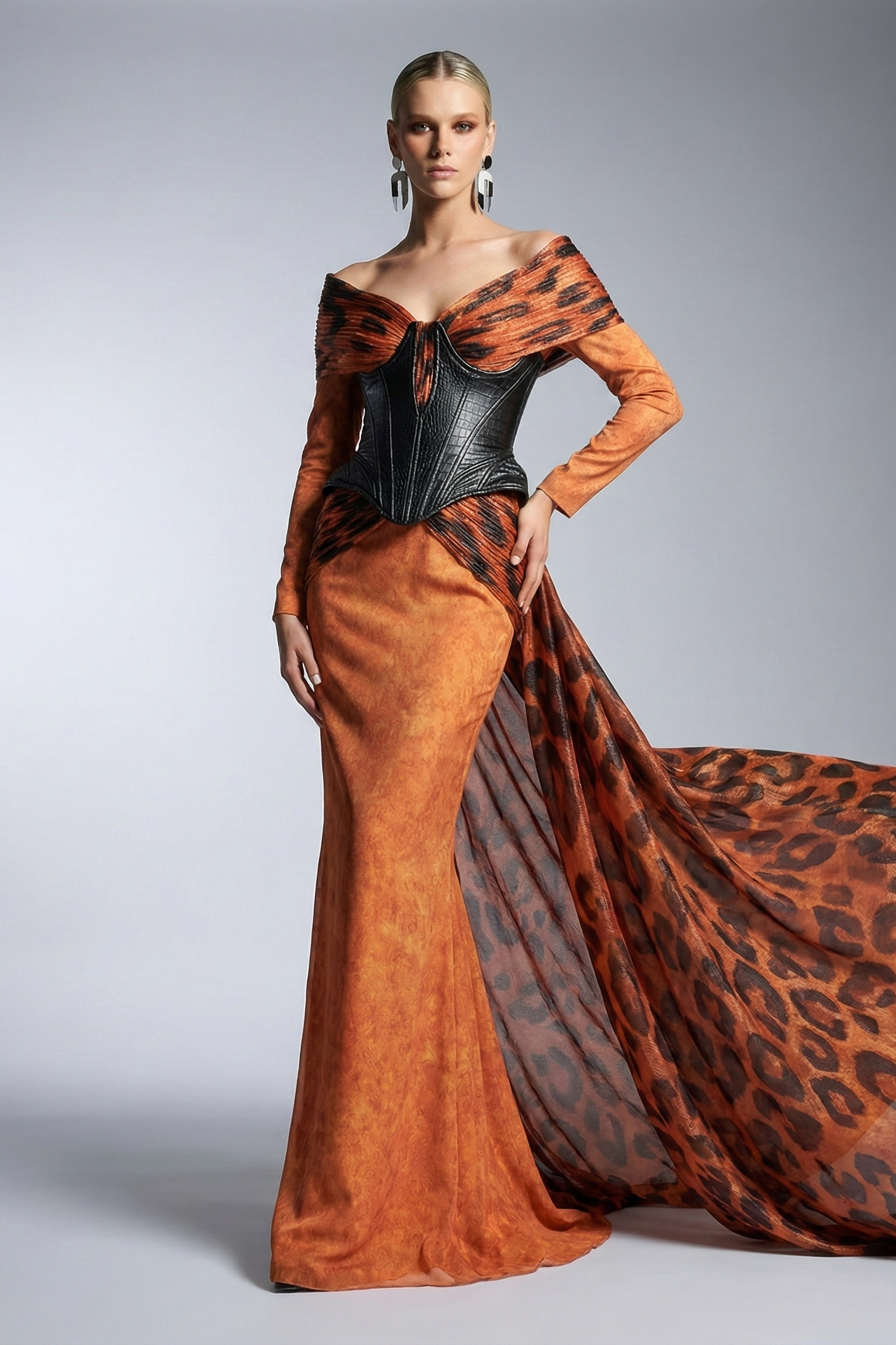 Fouad Sarkis F02972 Orange Animal Print Corset Gown