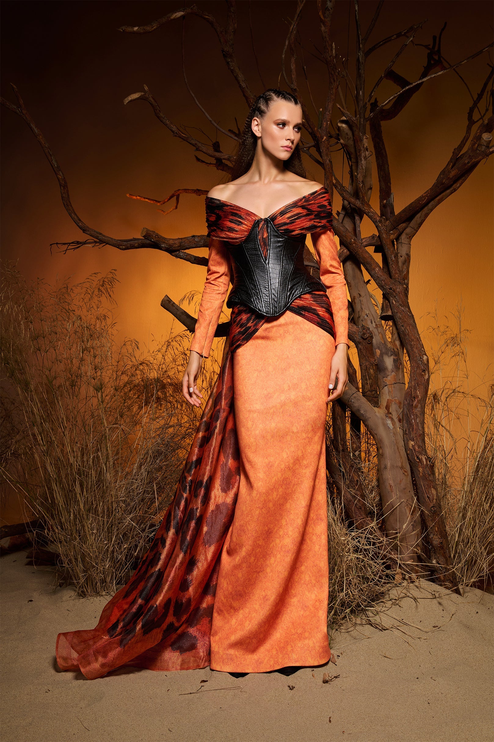 Fouad Sarkis F02972 Orange Animal Print Corset Gown