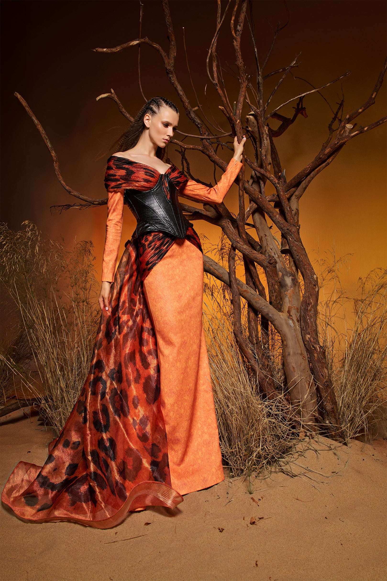 Fouad Sarkis F02972 Orange Animal Print Corset Gown