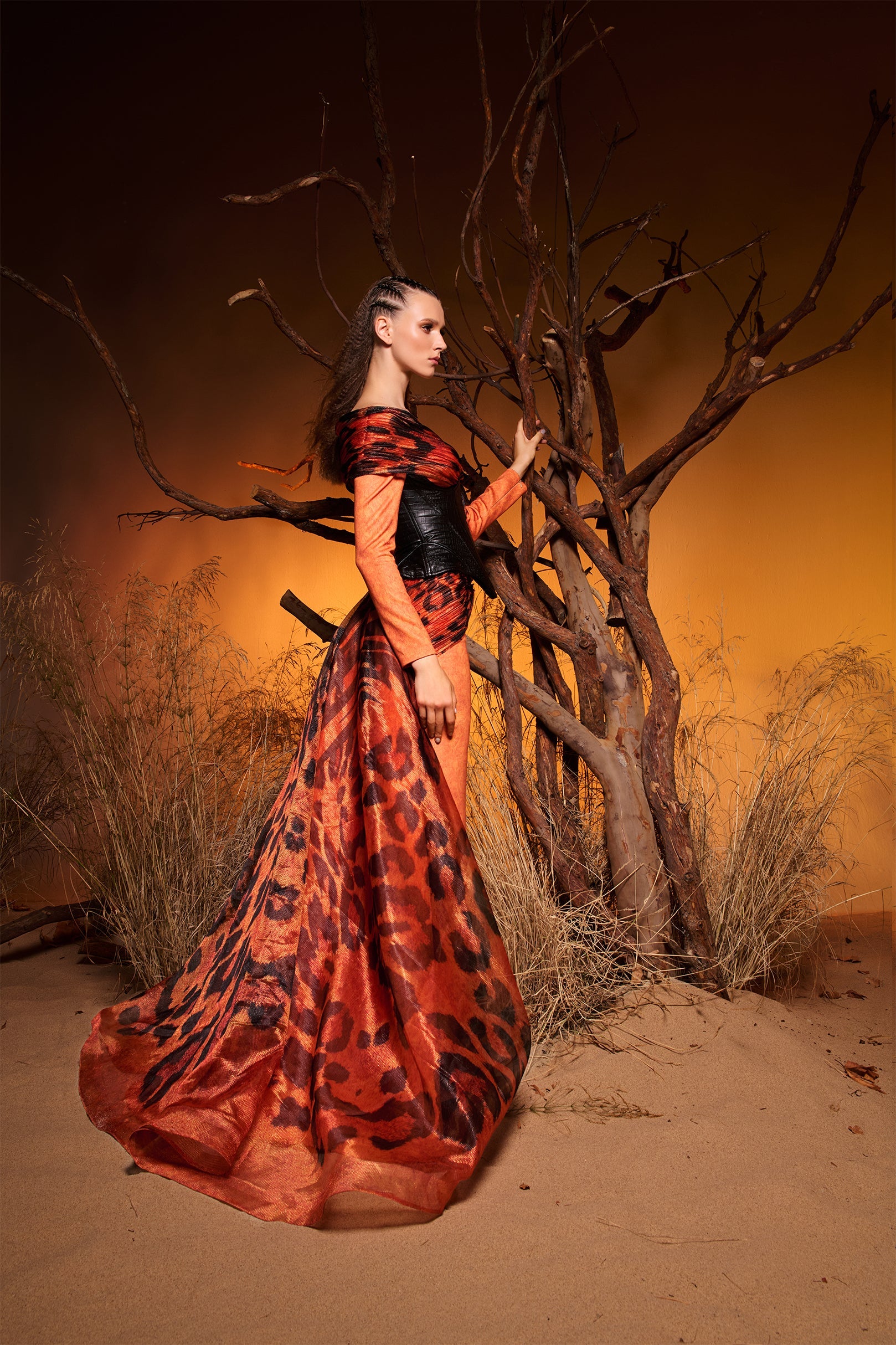 Fouad Sarkis F02972 Orange Animal Print Corset Gown