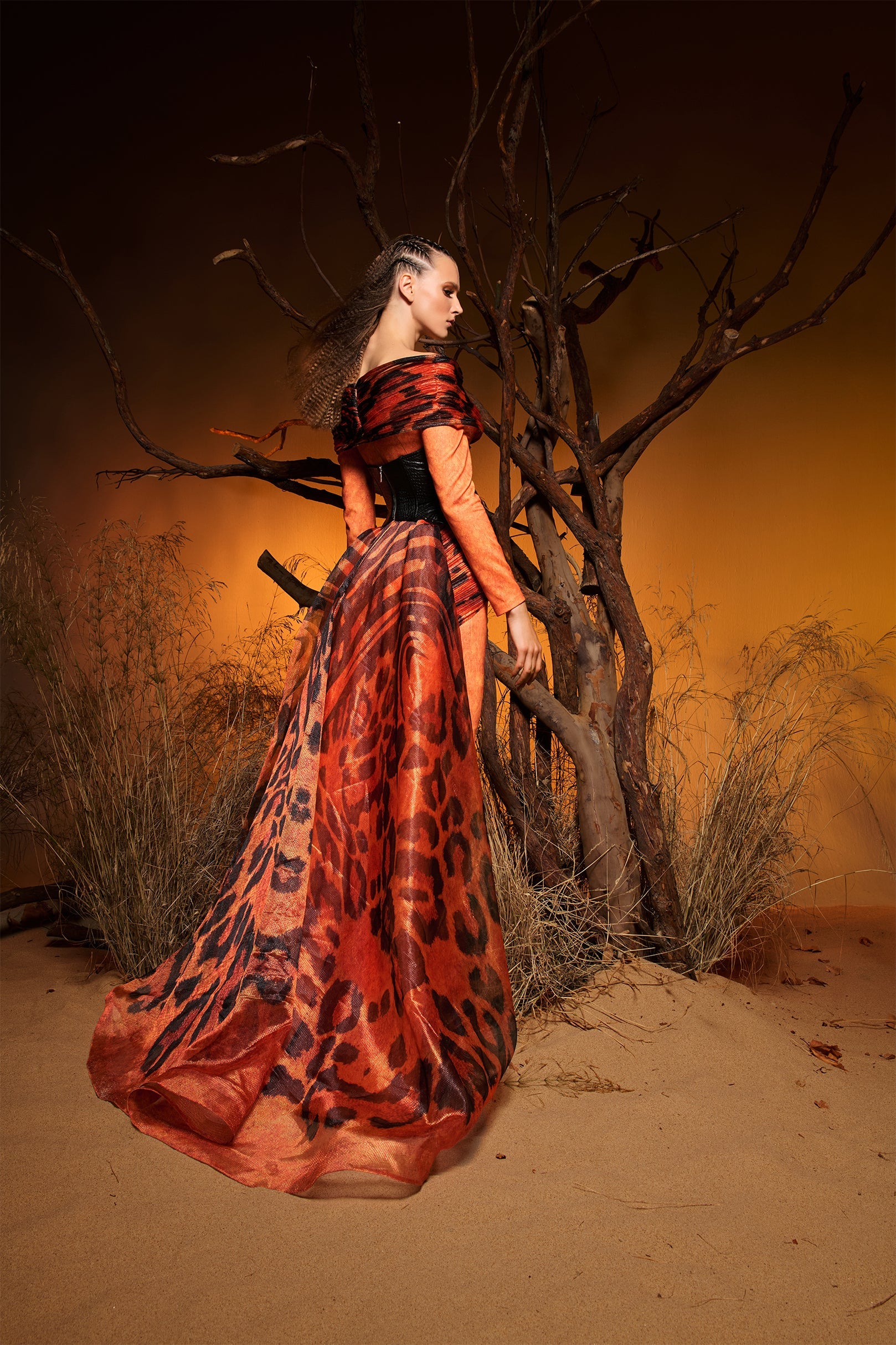 Fouad Sarkis F02972 Orange Animal Print Corset Gown