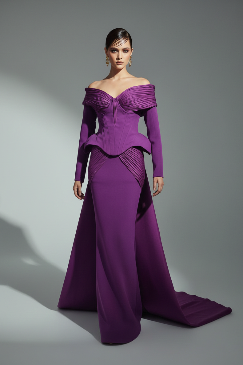 Fouad Sarkis F02972A Off-Shoulder Long Sleeve Mermaid Gown