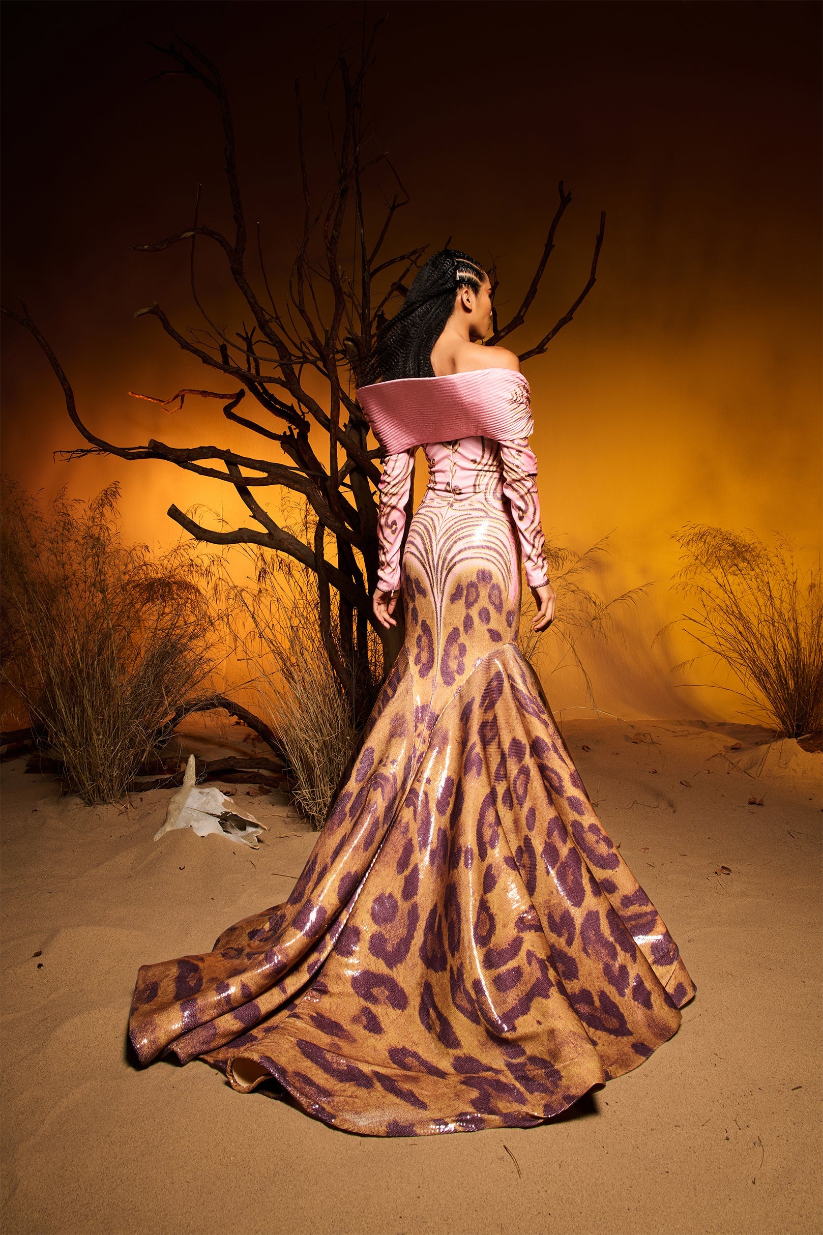 Fouad Sarkis F02973 Pink Gold Leopard Sequin Mermaid Gown with Off-Shoulder Sweetheart Neckline