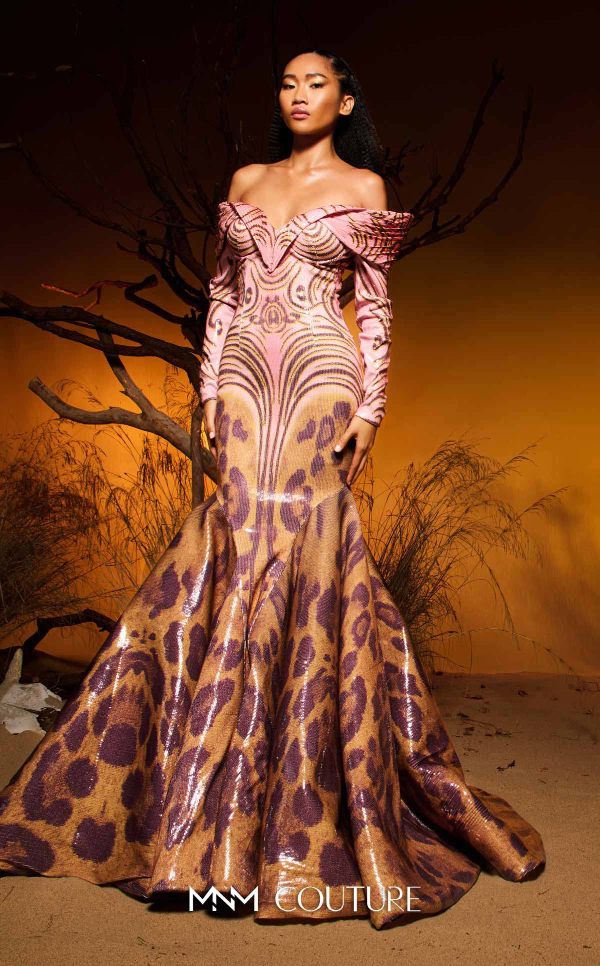 Fouad Sarkis F02973 Pink Gold Leopard Sequin Mermaid Gown with Off-Shoulder Sweetheart Neckline