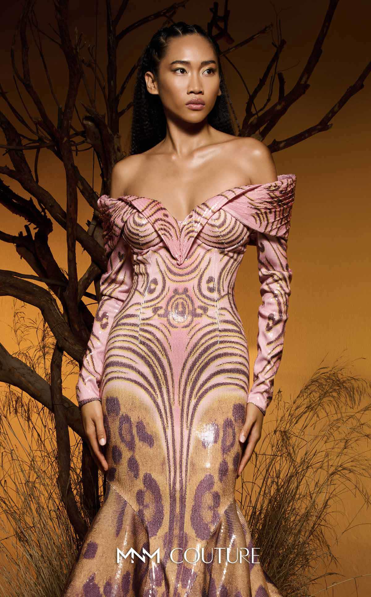 Fouad Sarkis F02973 Pink Gold Leopard Sequin Mermaid Gown with Off-Shoulder Sweetheart Neckline