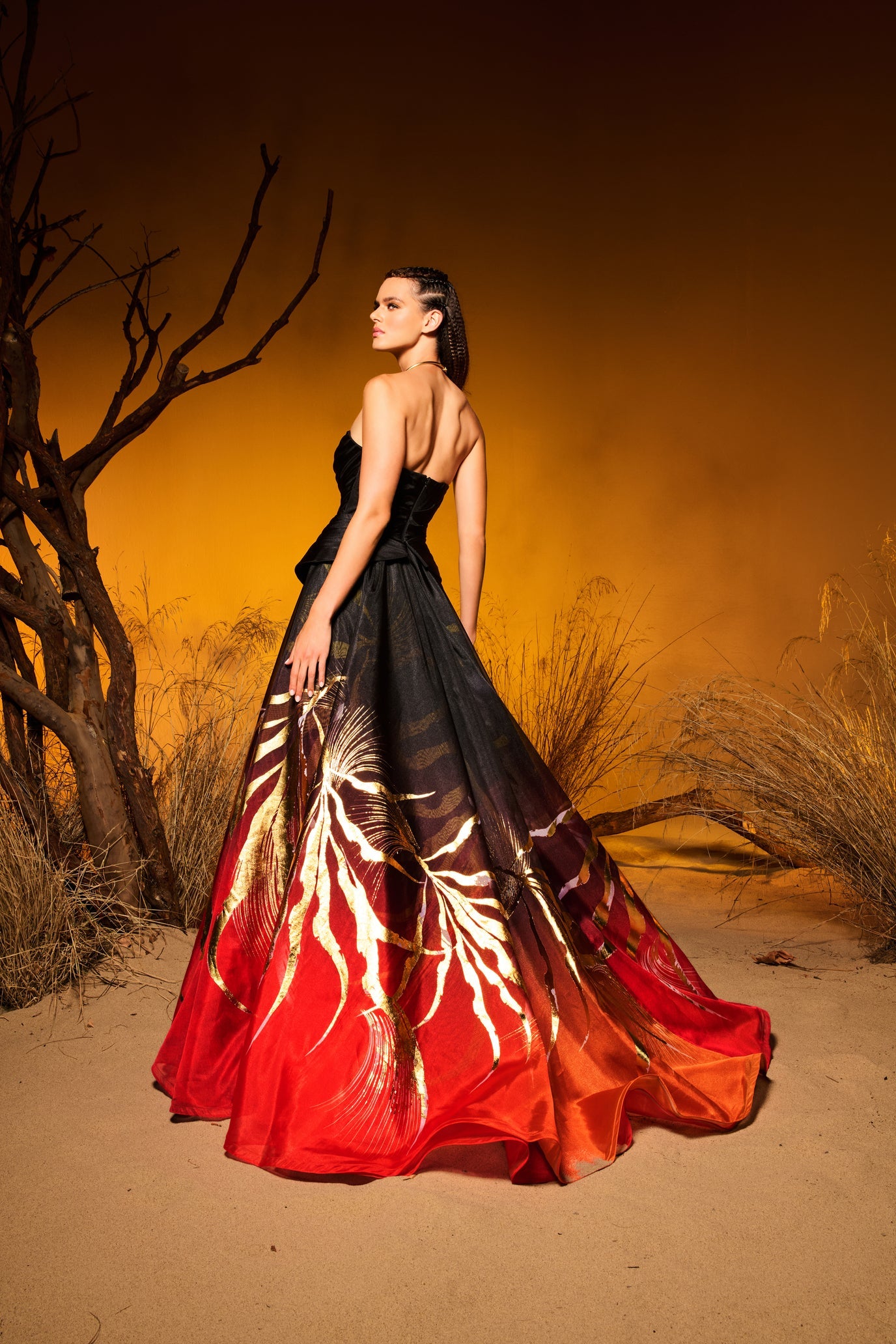 Fouad Sarkis F02975 Red-Black Gradient Organza Gown