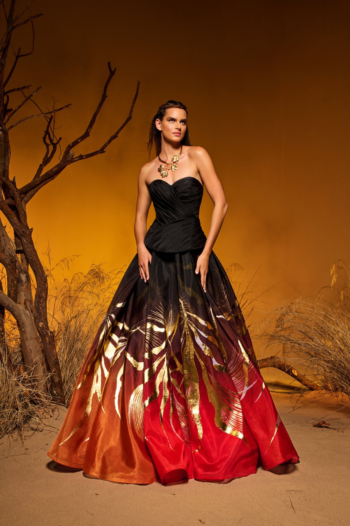 Fouad Sarkis F02975 Red-Black Gradient Organza Gown