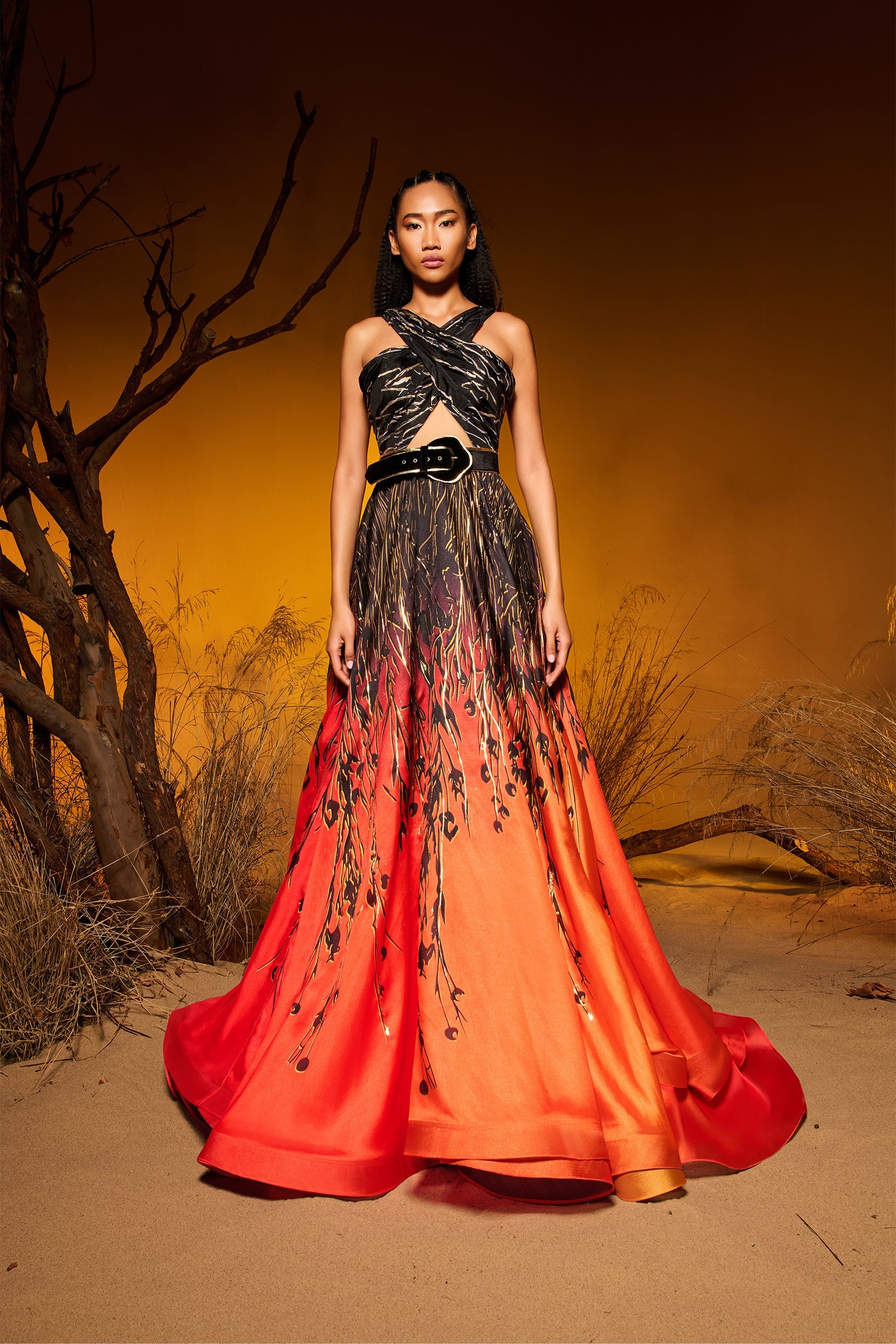 Fouad Sarkis F02978 Gradient Satin Gown Orange Gold