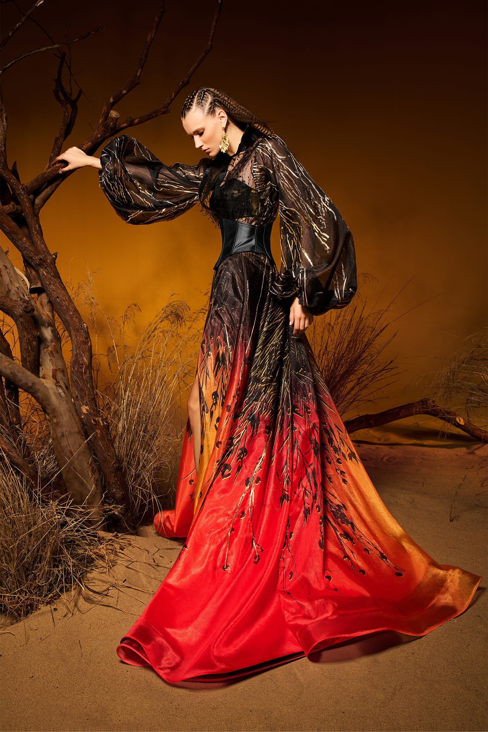 Fouad Sarkis F02979 Hand-Painted Satin Bishop Sleeve Gown with Corset Waist