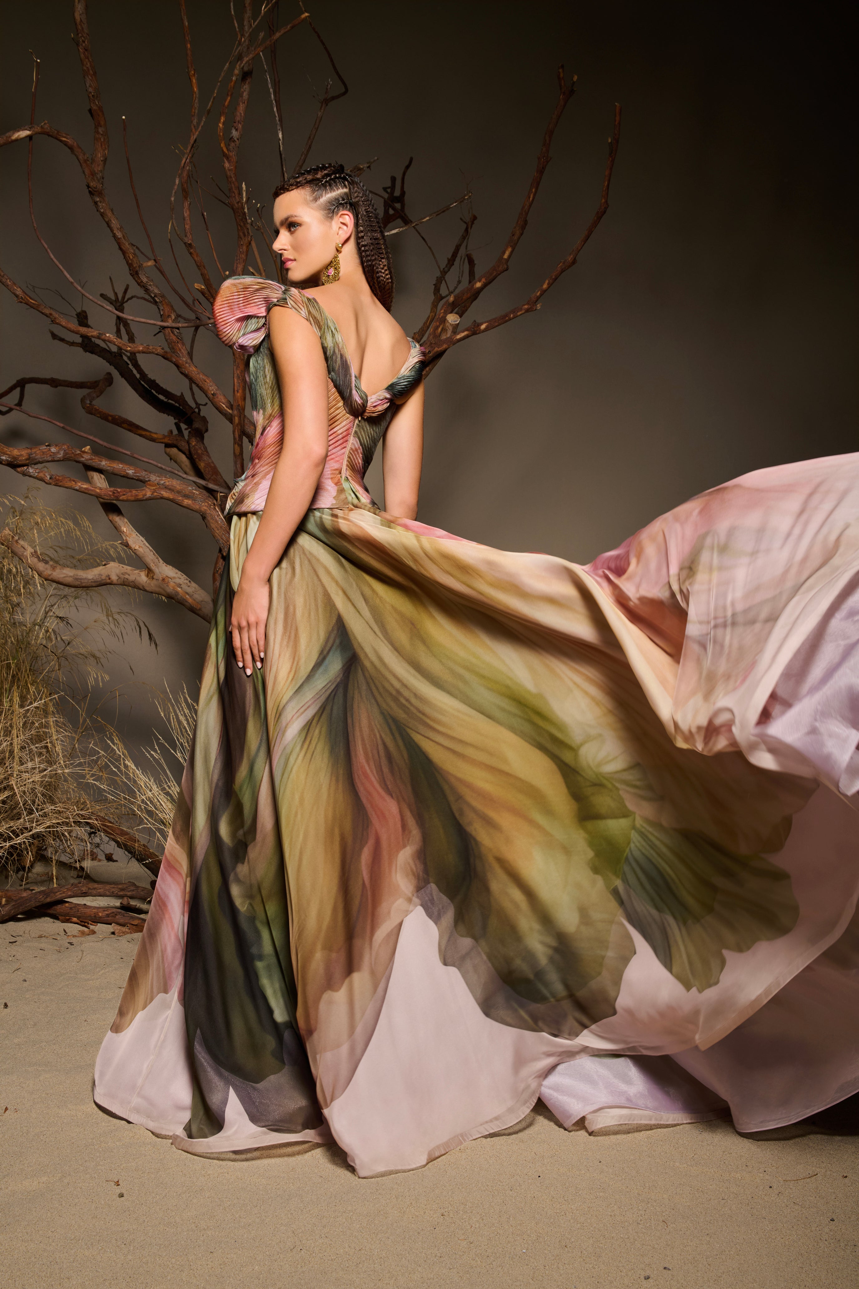 Fouad Sarkis F02981 Pastel Flower-Printed Chiffon Gown with Watercolor Effect
