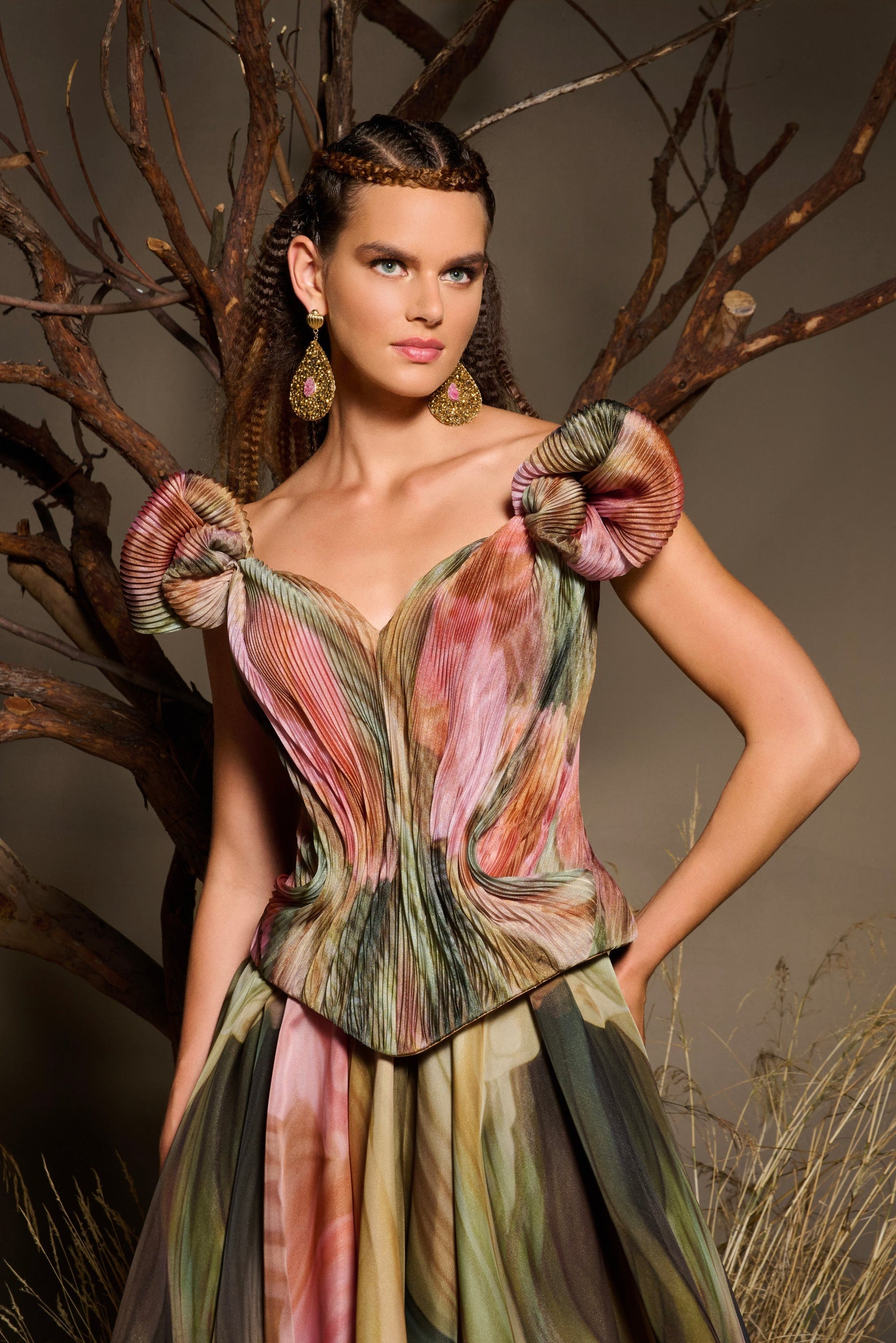 Fouad Sarkis F02981 Pastel Flower-Printed Chiffon Gown with Watercolor Effect