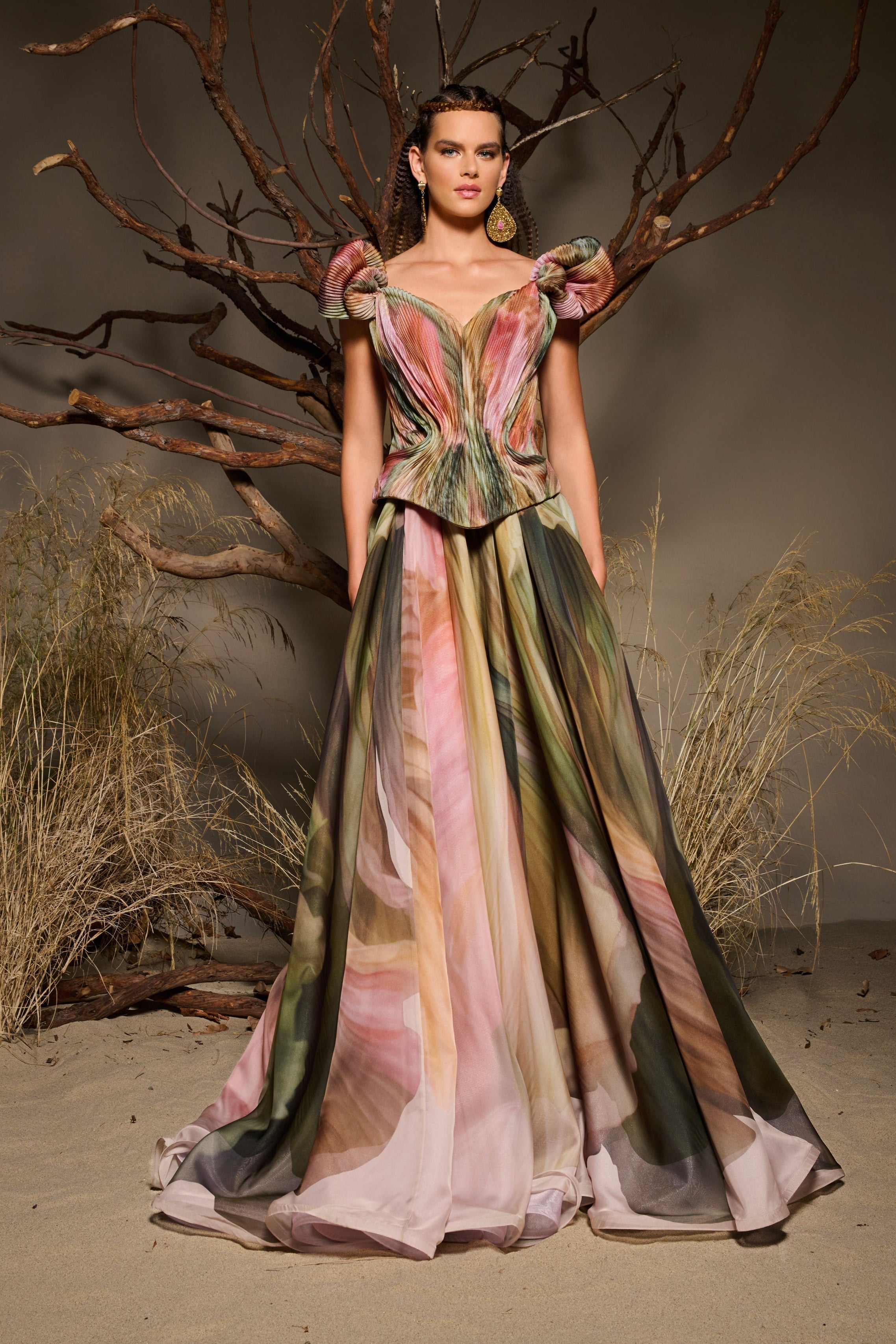 Fouad Sarkis F02981 Pastel Flower-Printed Chiffon Gown with Watercolor Effect