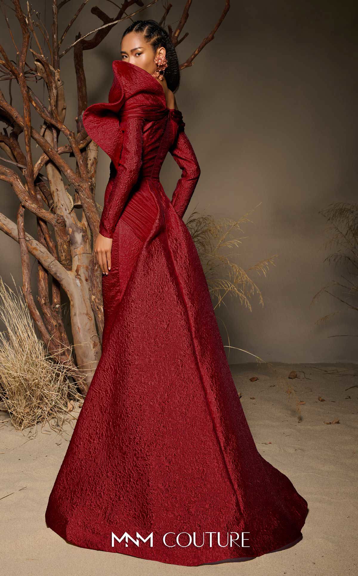 Fouad Sarkis F02982 Jacquard Off-Shoulder Gown with Pleated Draped Bodice