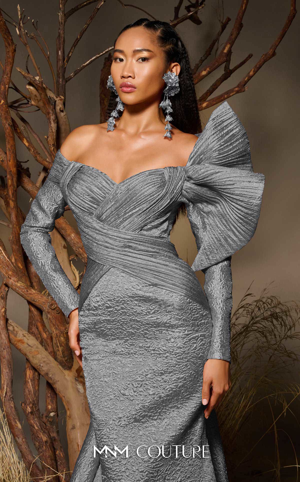Fouad Sarkis F02982 Jacquard Off-Shoulder Gown with Pleated Draped Bodice