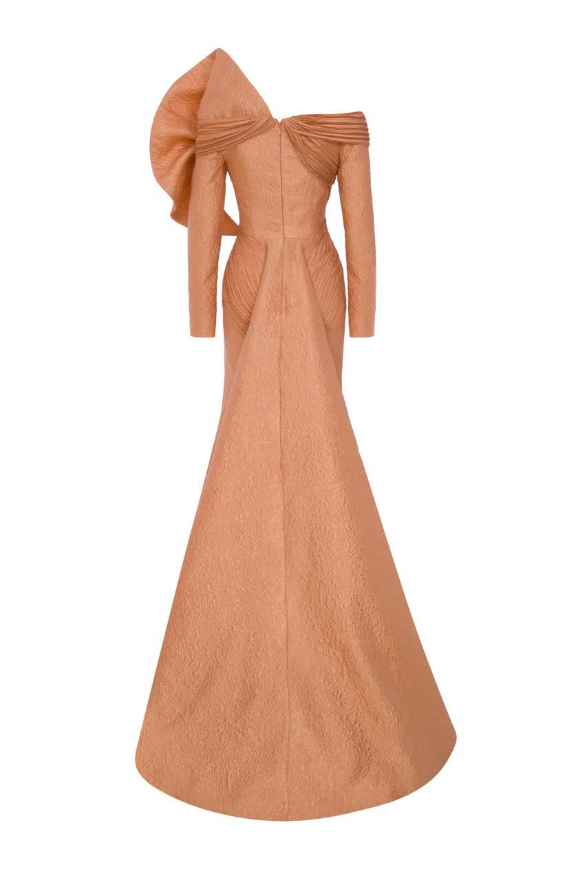 Fouad Sarkis F02982 Jacquard Off-Shoulder Gown with Pleated Draped Bodice
