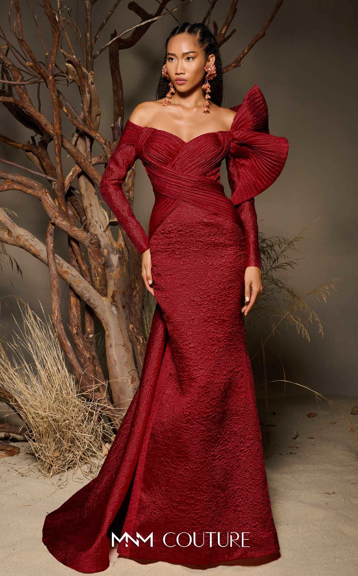 Fouad Sarkis F02982 Jacquard Off-Shoulder Gown with Pleated Draped Bodice