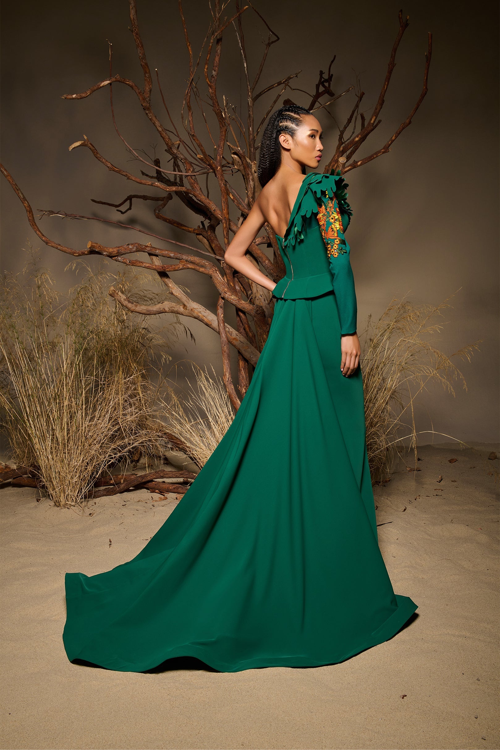 Fouad Sarkis F02985 Emerald Green Floral Embroidered Gown
