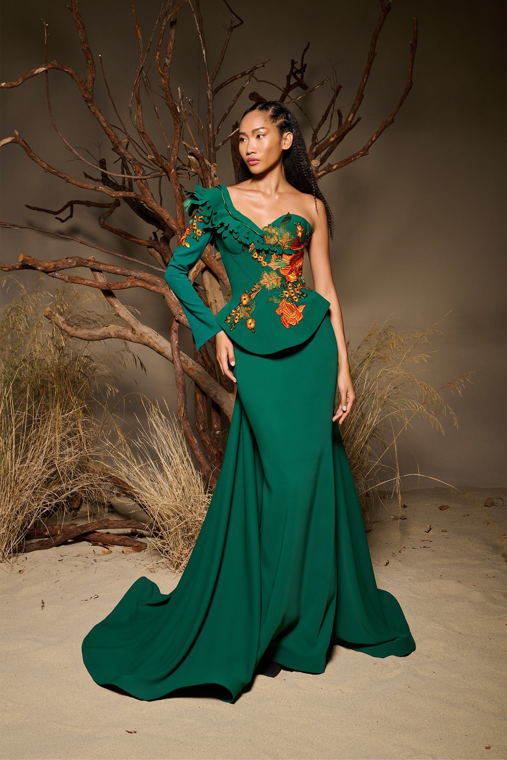 Fouad Sarkis F02985 Emerald Green Floral Embroidered Gown