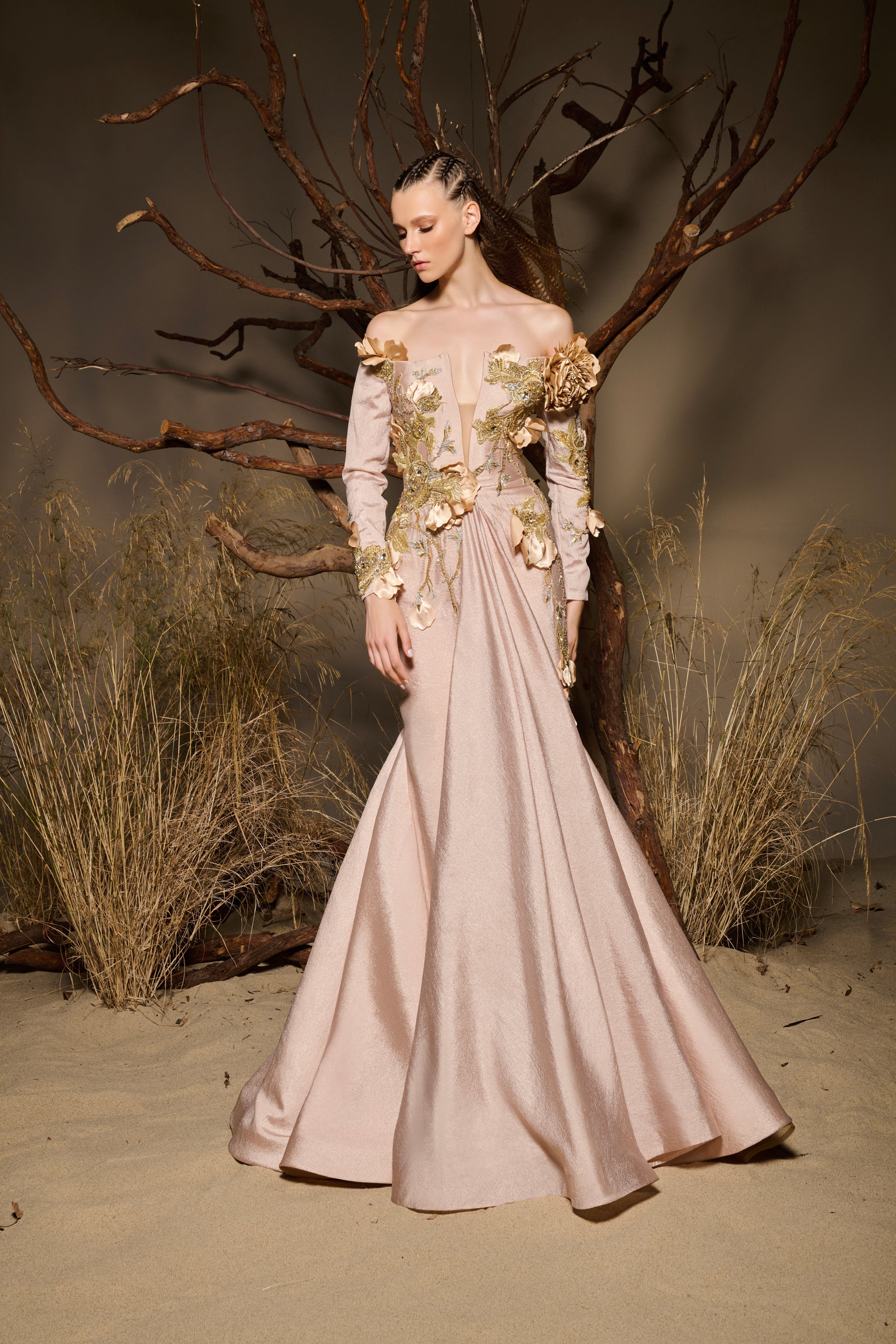 Fouad Sarkis F02986 Jacquard Illusion Corset Floral Gown