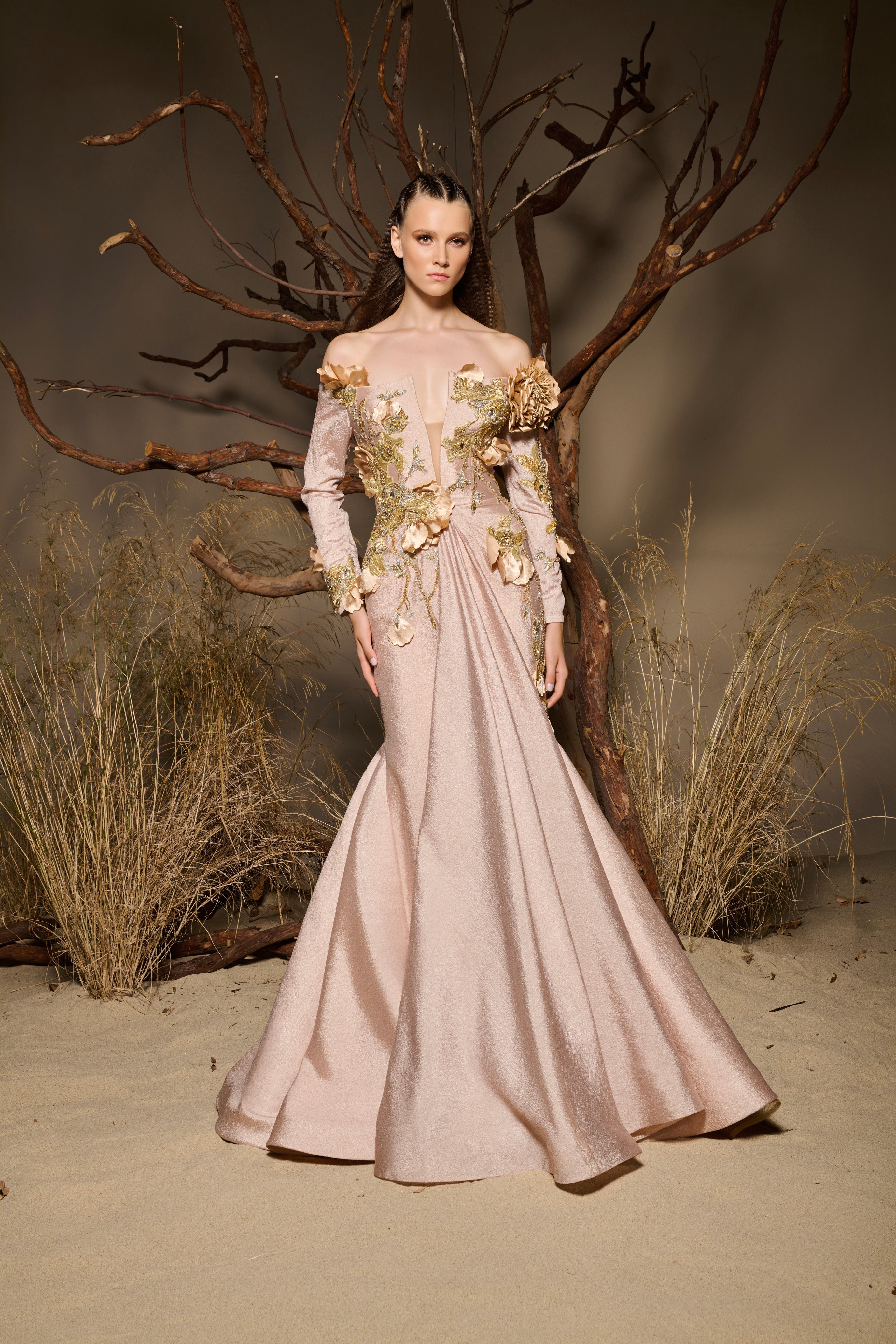 Fouad Sarkis F02986 Jacquard Illusion Corset Floral Gown
