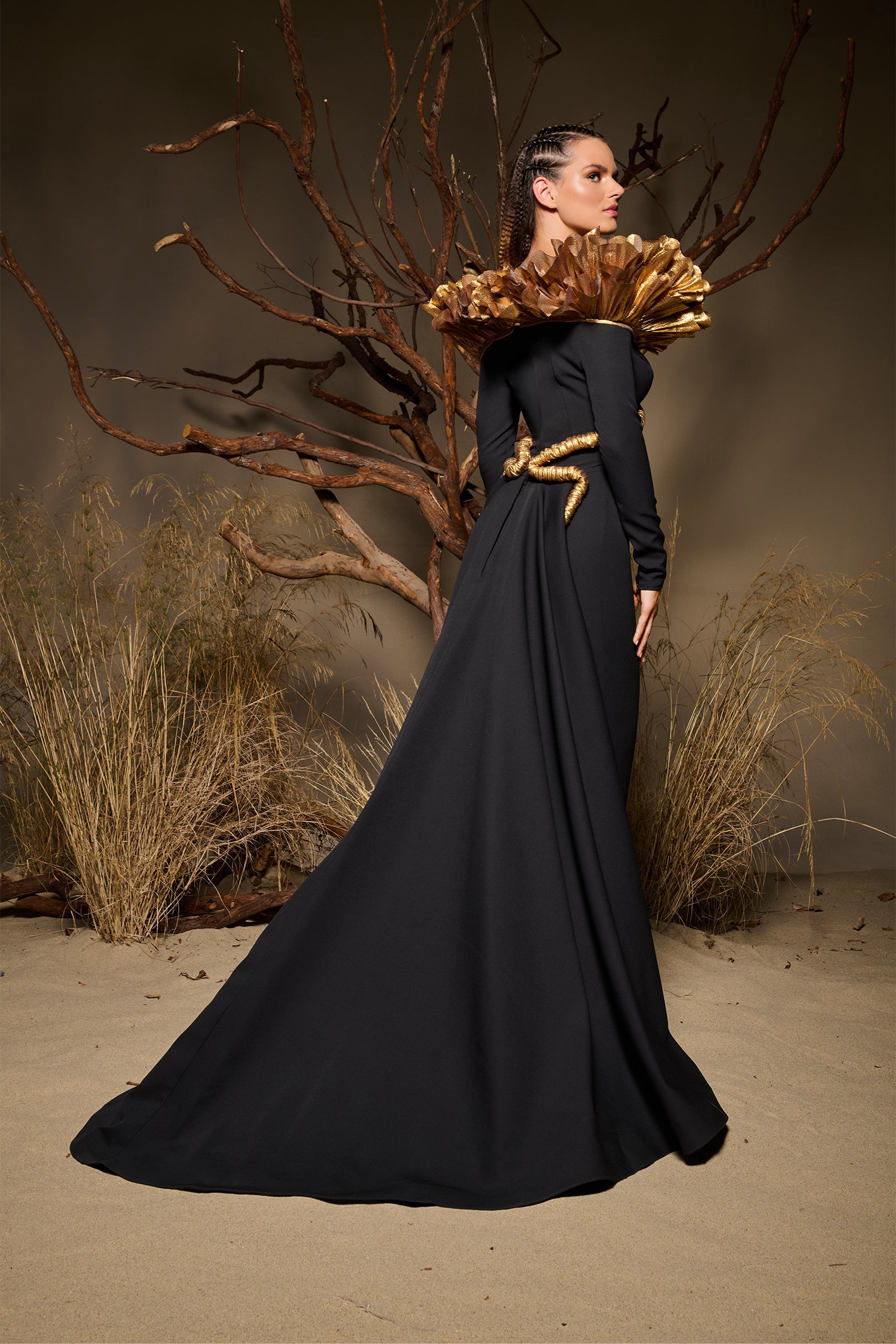 Fouad Sarkis F02989 Black Crepe Gold Ruffle Gown