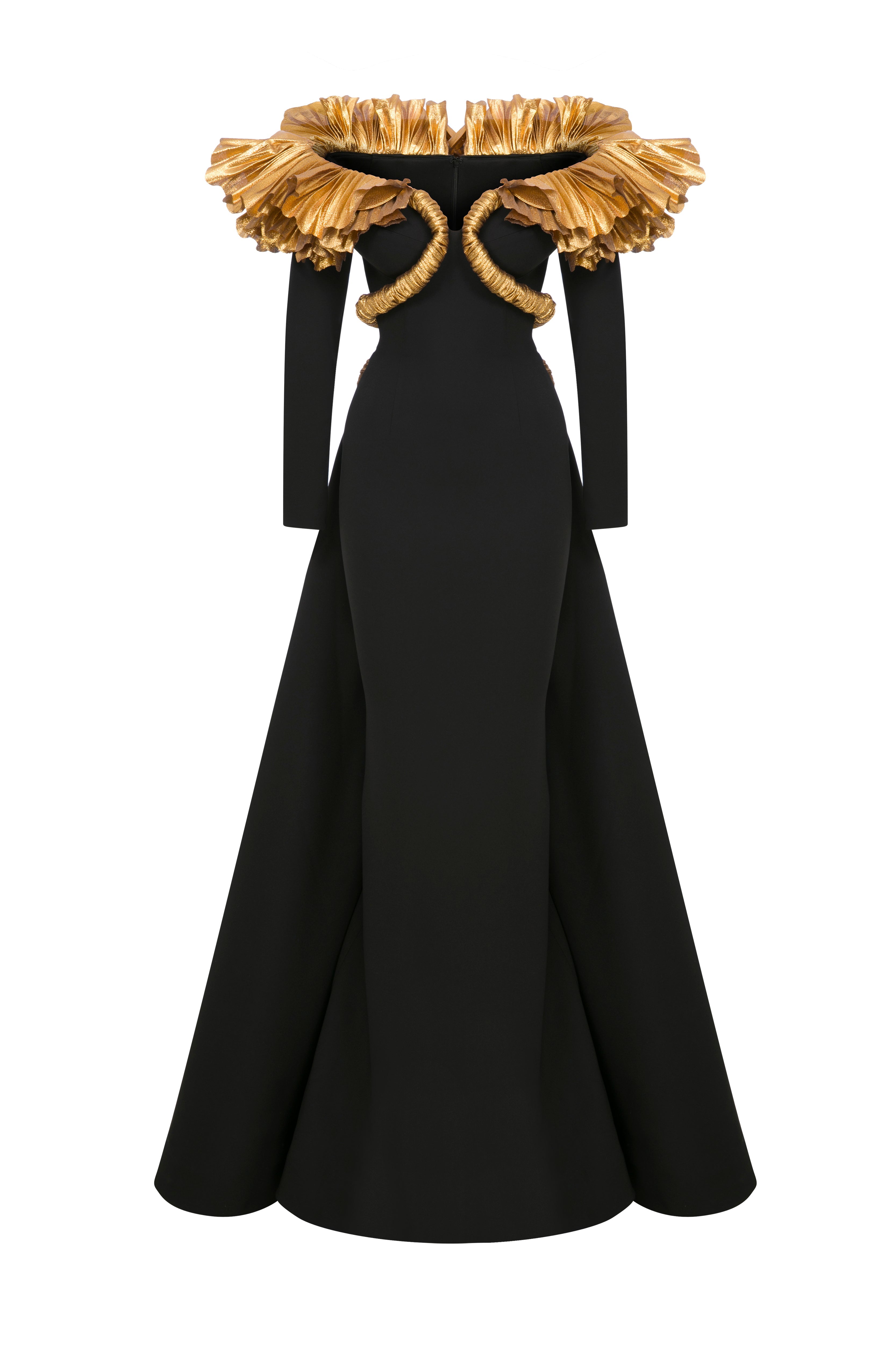 Fouad Sarkis F02989 Black Crepe Gold Ruffle Gown