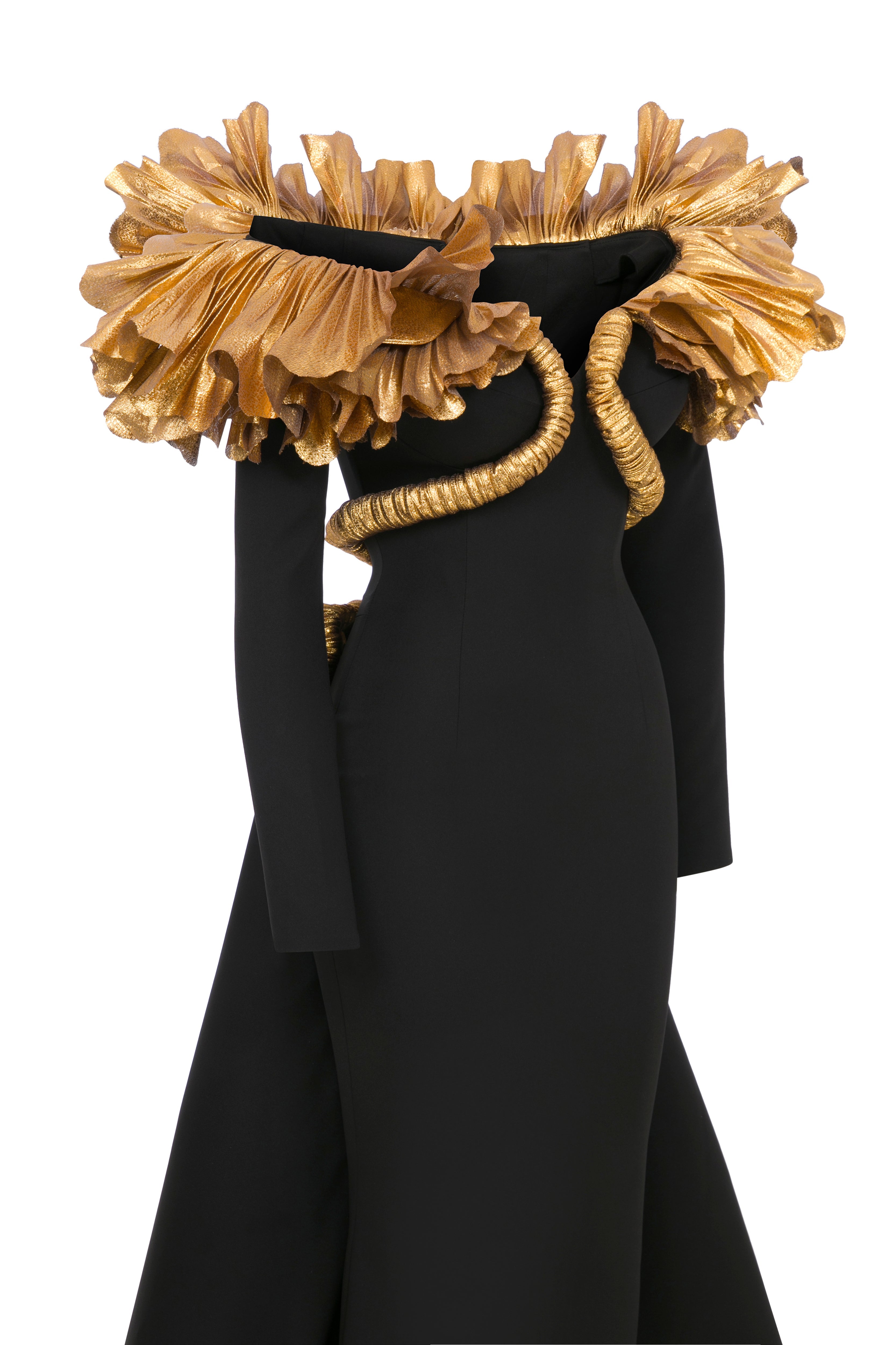 Fouad Sarkis F02989 Black Crepe Gold Ruffle Gown