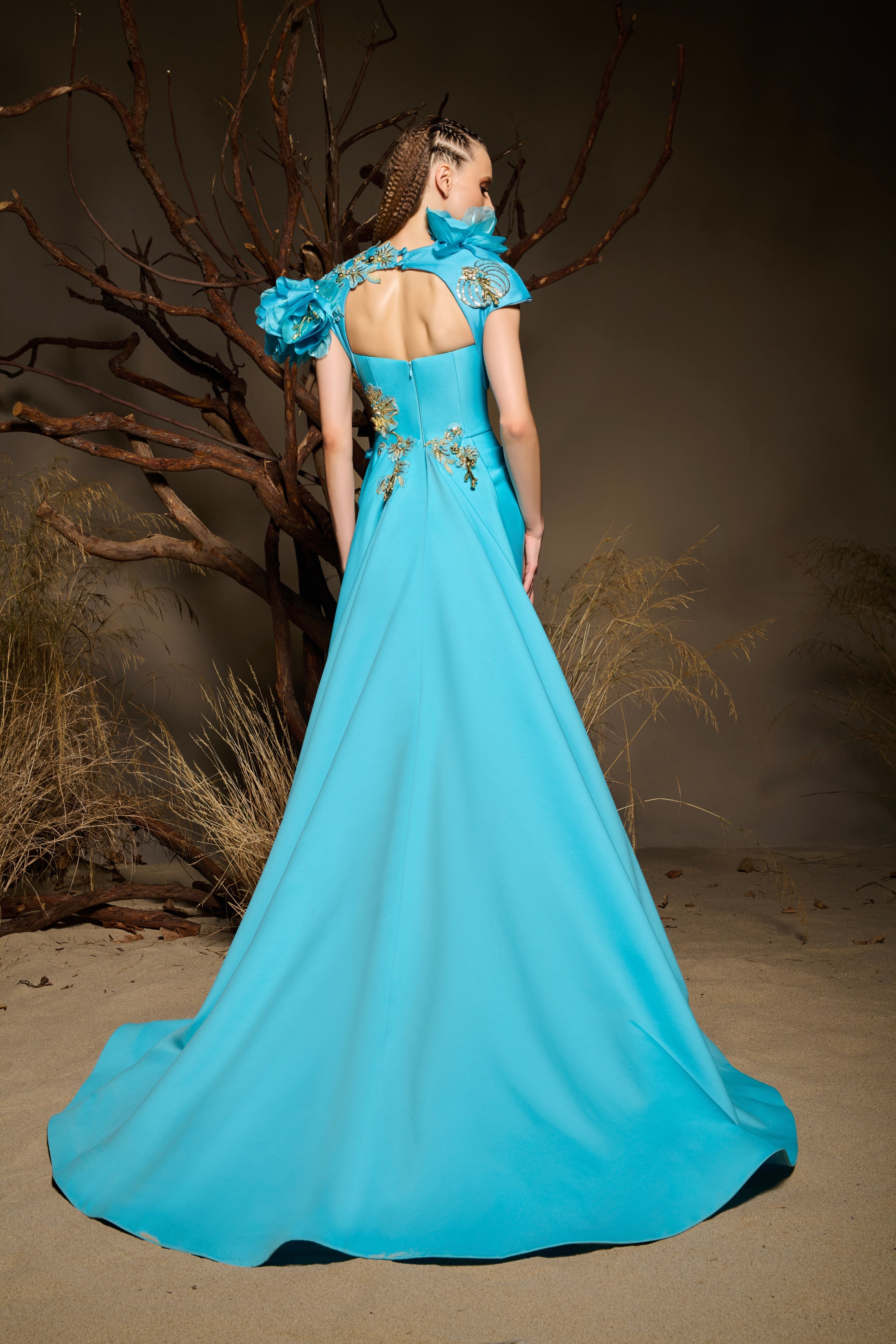 Fouad Sarkis F02991 Turquoise Floral Illusion Gown
