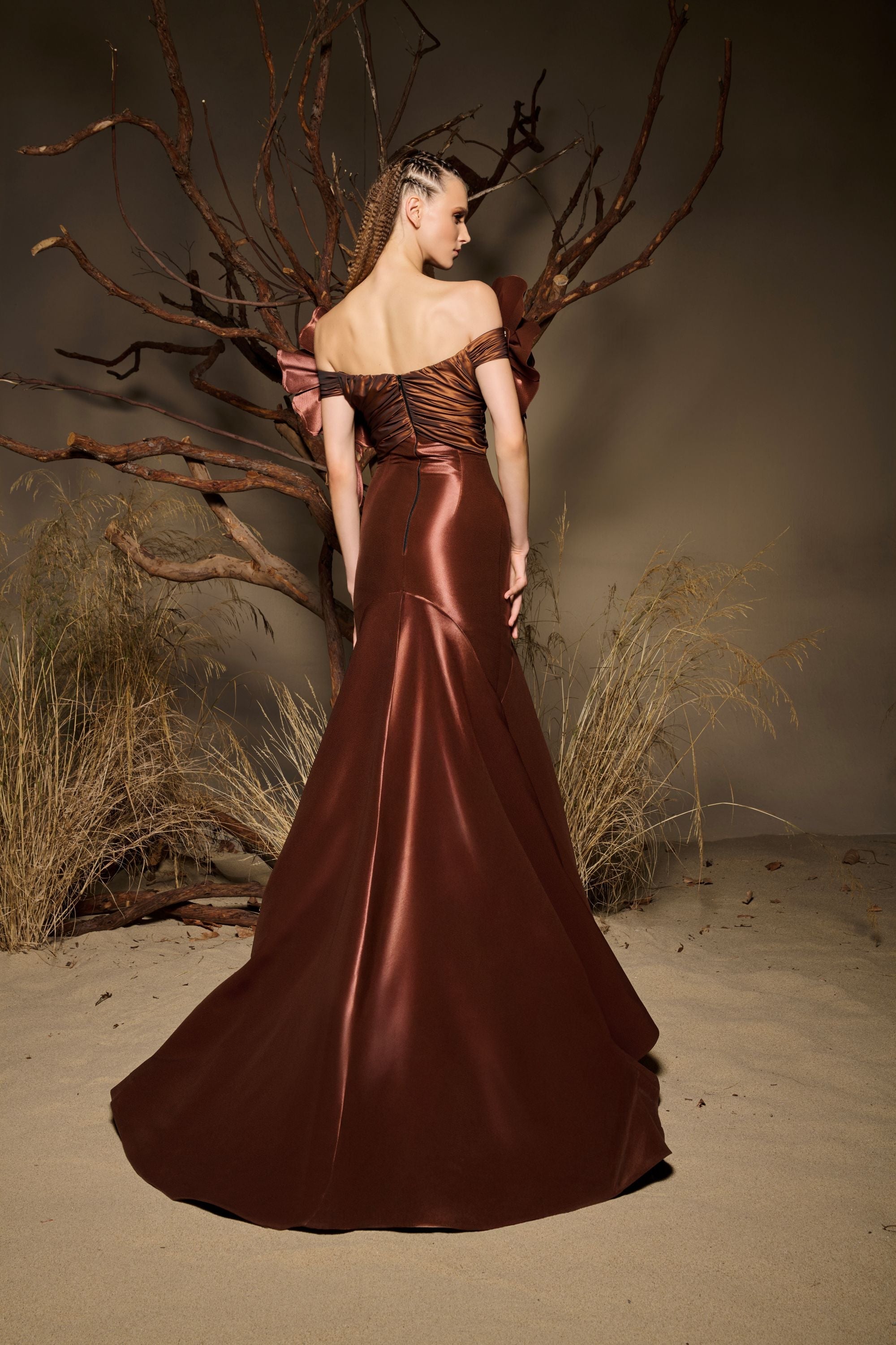Fouad Sarkis F02993 Bronze Floral Shoulder Mermaid Gown