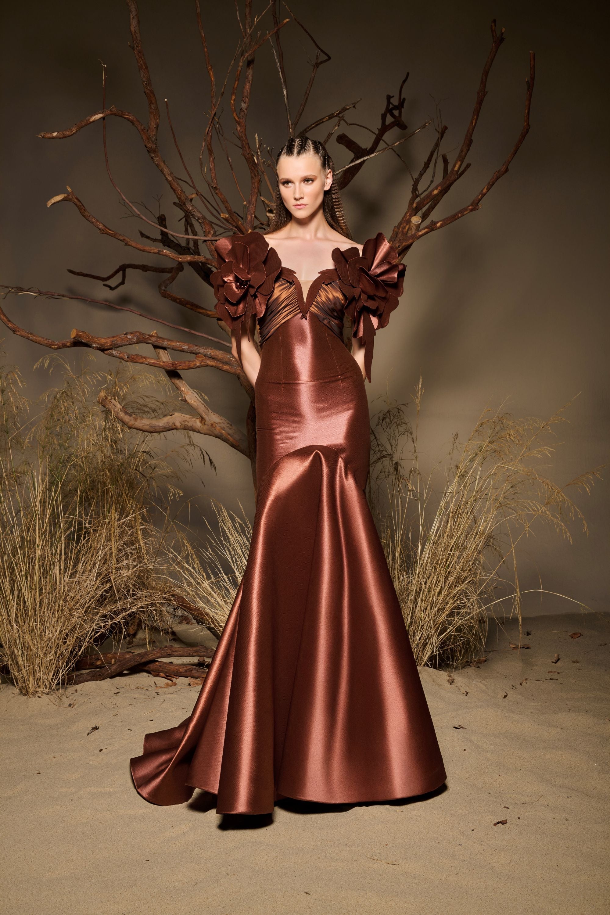 Fouad Sarkis F02993 Bronze Floral Shoulder Mermaid Gown