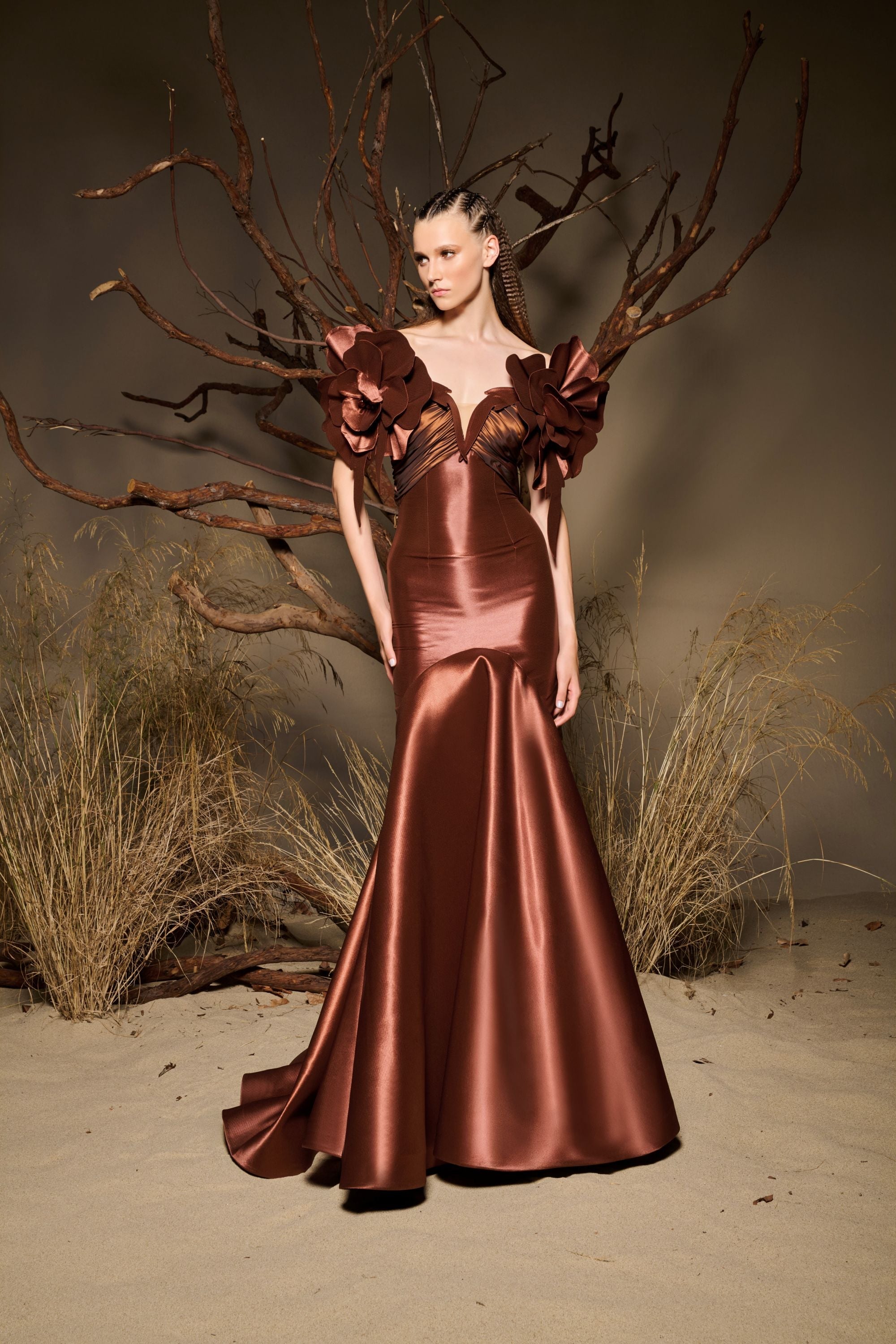 Fouad Sarkis F02993 Bronze Floral Shoulder Mermaid Gown