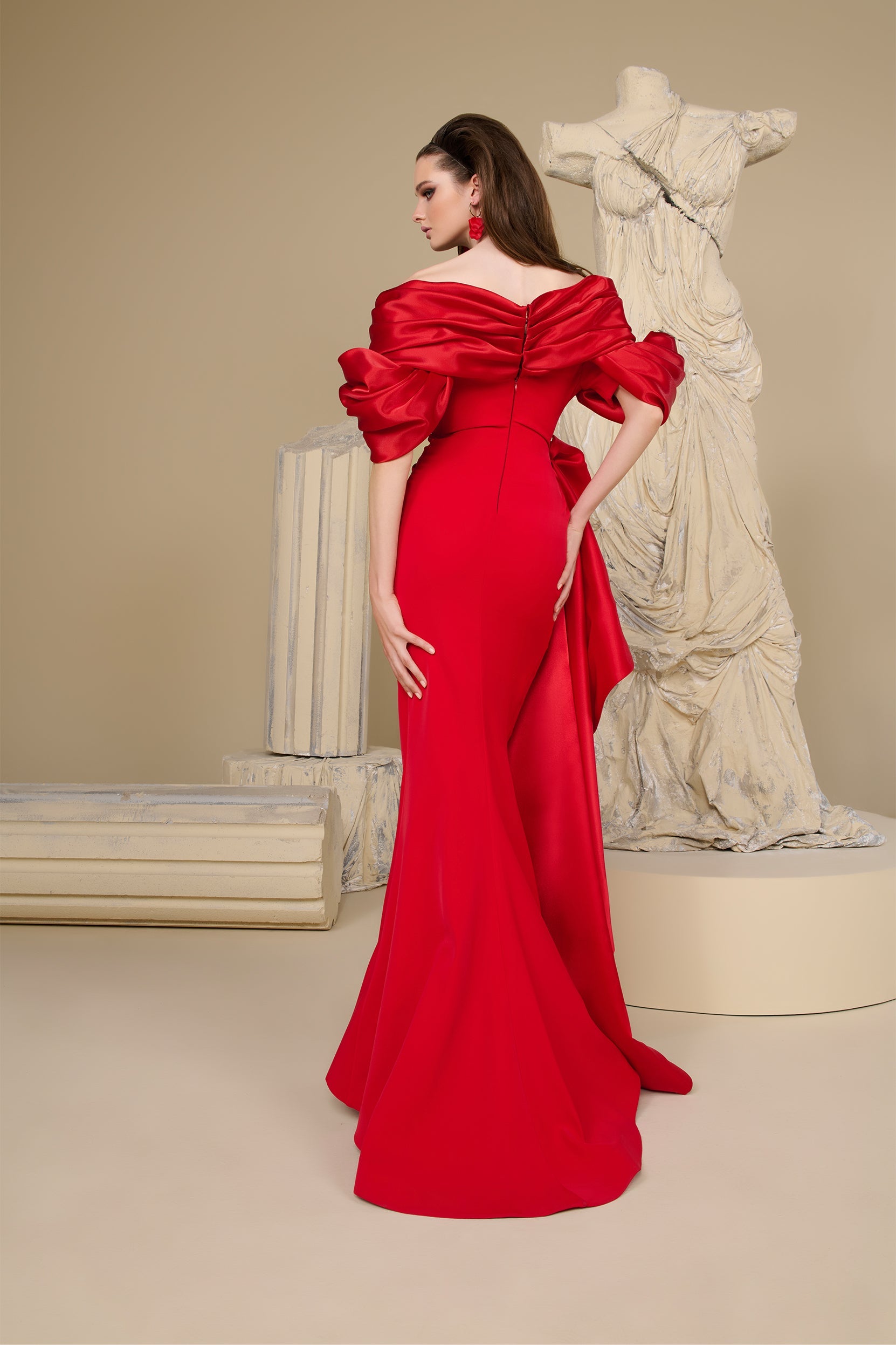 Fouad Sarkis F02999 Crimson Satin Bow Gown High Slit