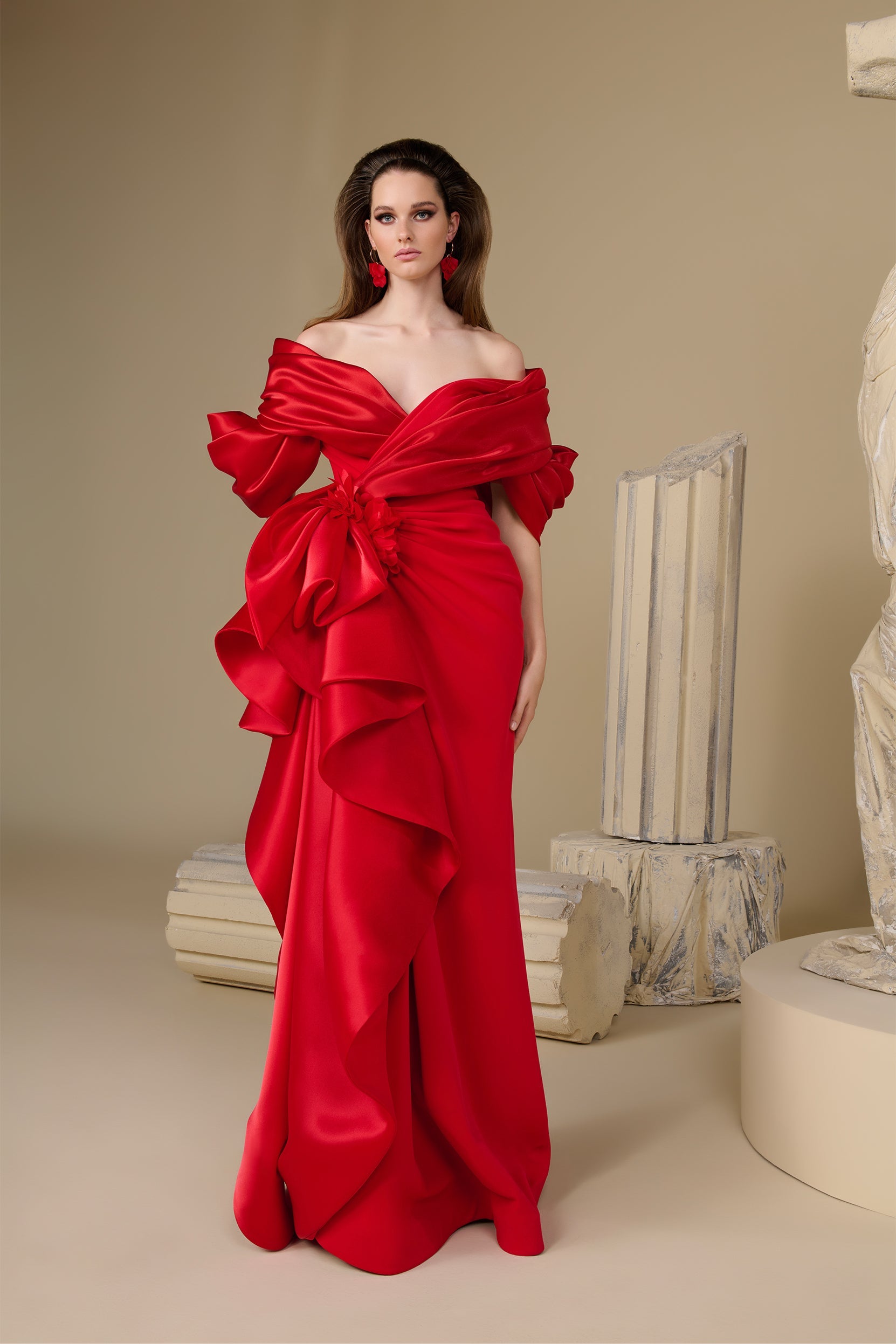 Fouad Sarkis F02999 Crimson Satin Bow Gown High Slit